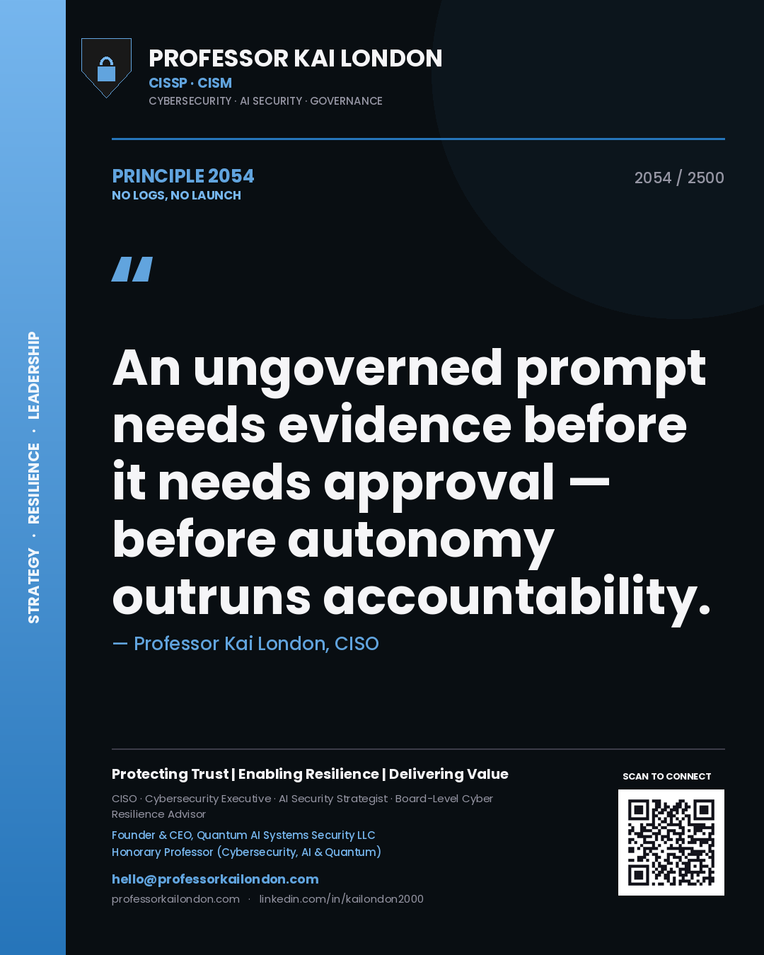 Professor Kai London principle 2054: An ungoverned prompt needs evidence before it needs approval — before autonomy outruns accountability.