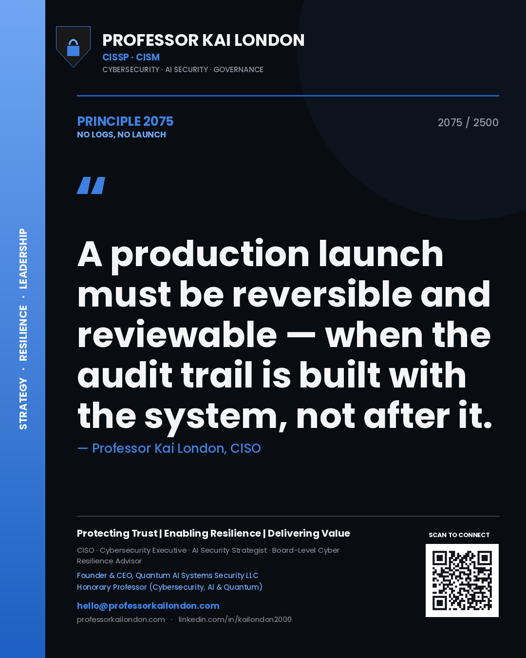 Professor Kai London principle 2075: A production launch must be reversible and reviewable — when the audit trail is built with the system, not after it.