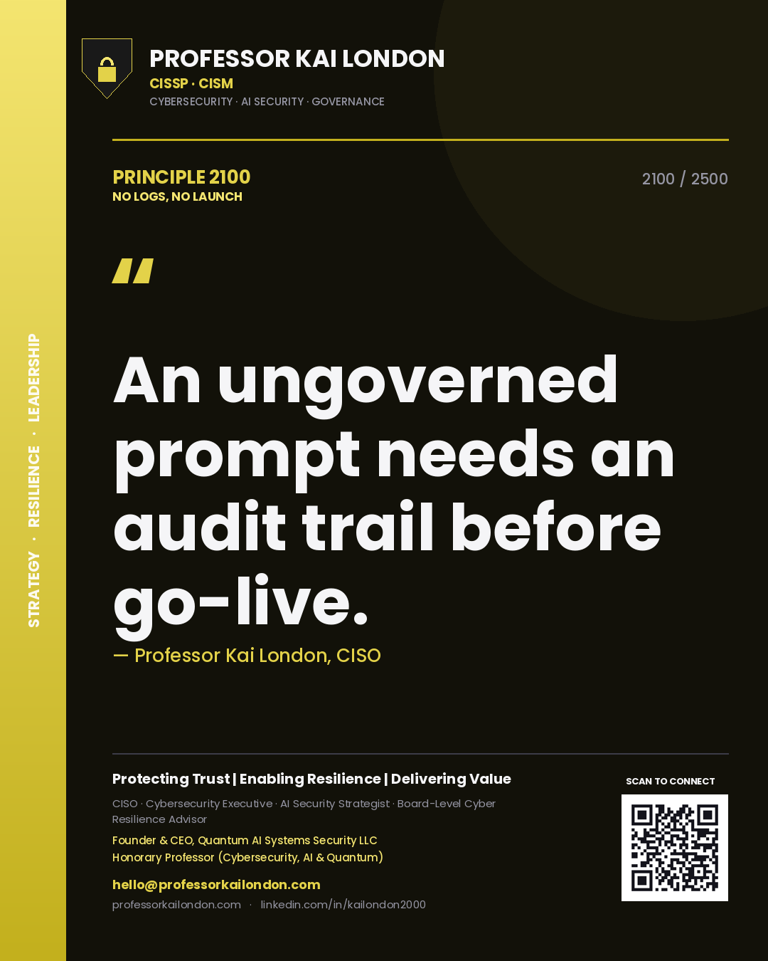 Professor Kai London principle 2100: An ungoverned prompt needs an audit trail before go-live.