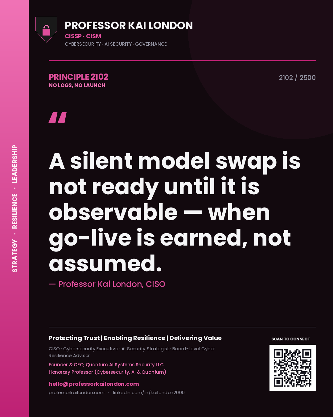 Quote card by Professor Kai London reading 'A silent model swap is not ready until it is observable — when go-live is earned, not assumed.'. From the book No Logs, No Launch.