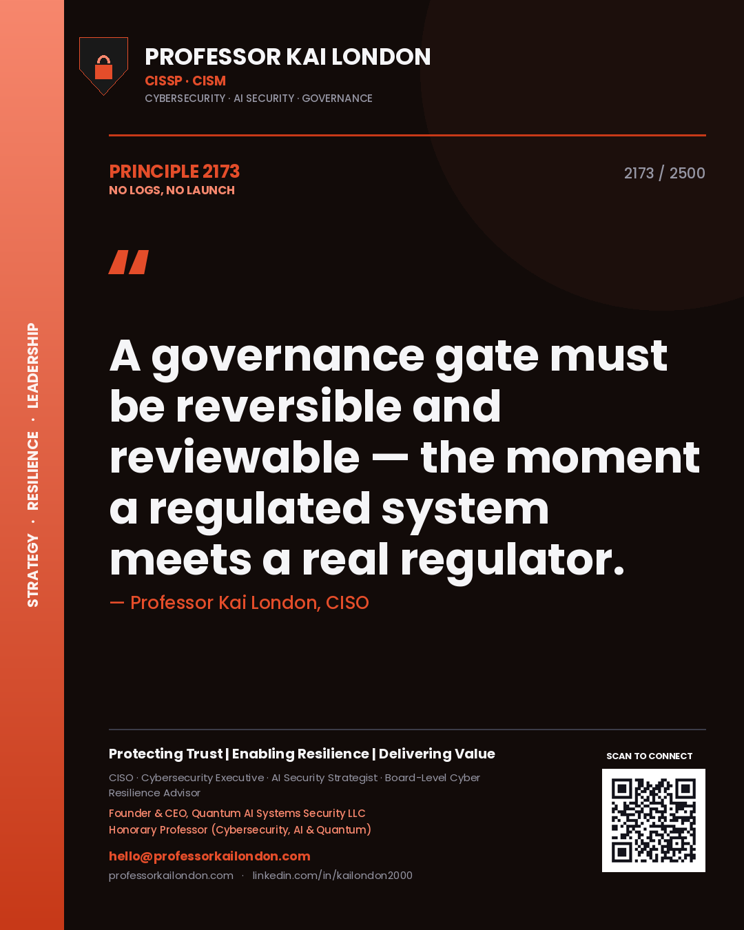 Professor Kai London principle 2173: A governance gate must be reversible and reviewable — the moment a regulated system meets a real regulator.