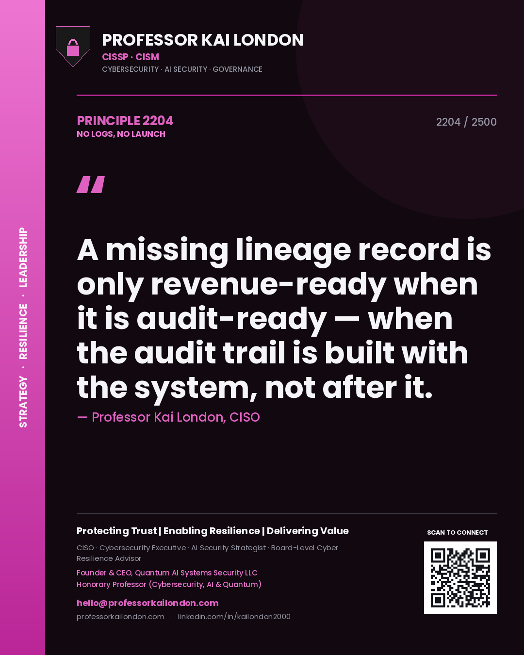 Quote card by Professor Kai London reading 'A missing lineage record is only revenue-ready when it is audit-ready — when the audit trail is built with the system, not after it.'. From the book No Logs, No Launch.
