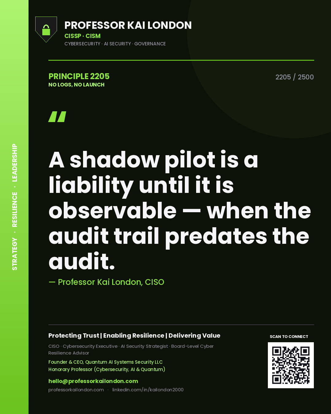 Quote card by Professor Kai London reading 'A shadow pilot is a liability until it is observable — when the audit trail predates the audit.'. From the book No Logs, No Launch.