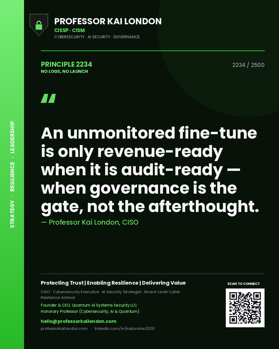 Professor Kai London principle 2234: An unmonitored fine-tune is only revenue-ready when it is audit-ready — when governance is the gate, not the afterthought.