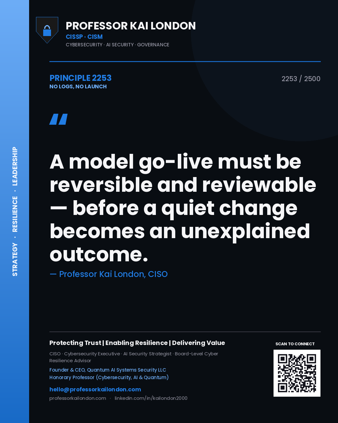 Professor Kai London principle 2253: A model go-live must be reversible and reviewable — before a quiet change becomes an unexplained outcome.