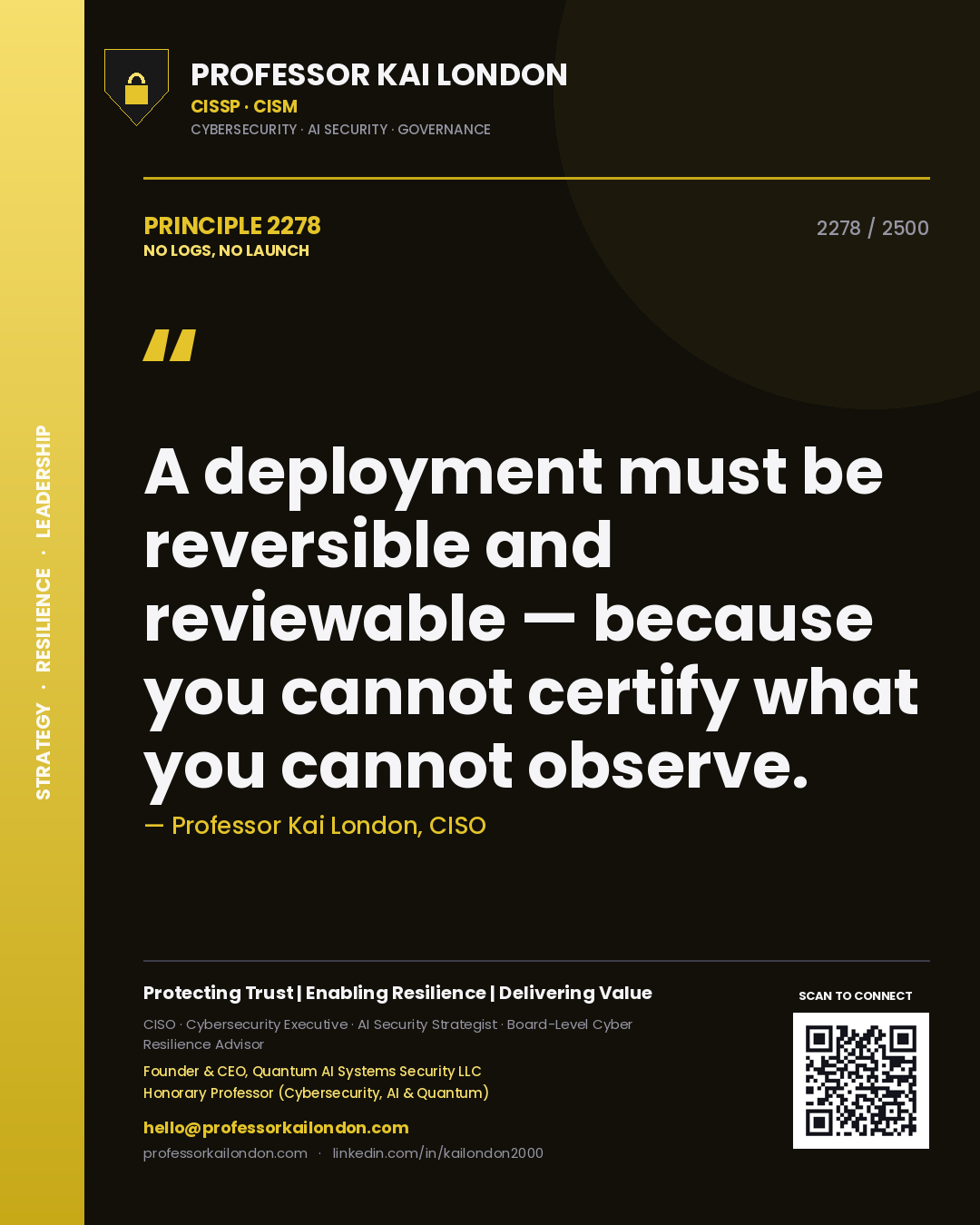 Quote card by Professor Kai London reading 'A deployment must be reversible and reviewable — because you cannot certify what you cannot observe.'. From the book No Logs, No Launch.
