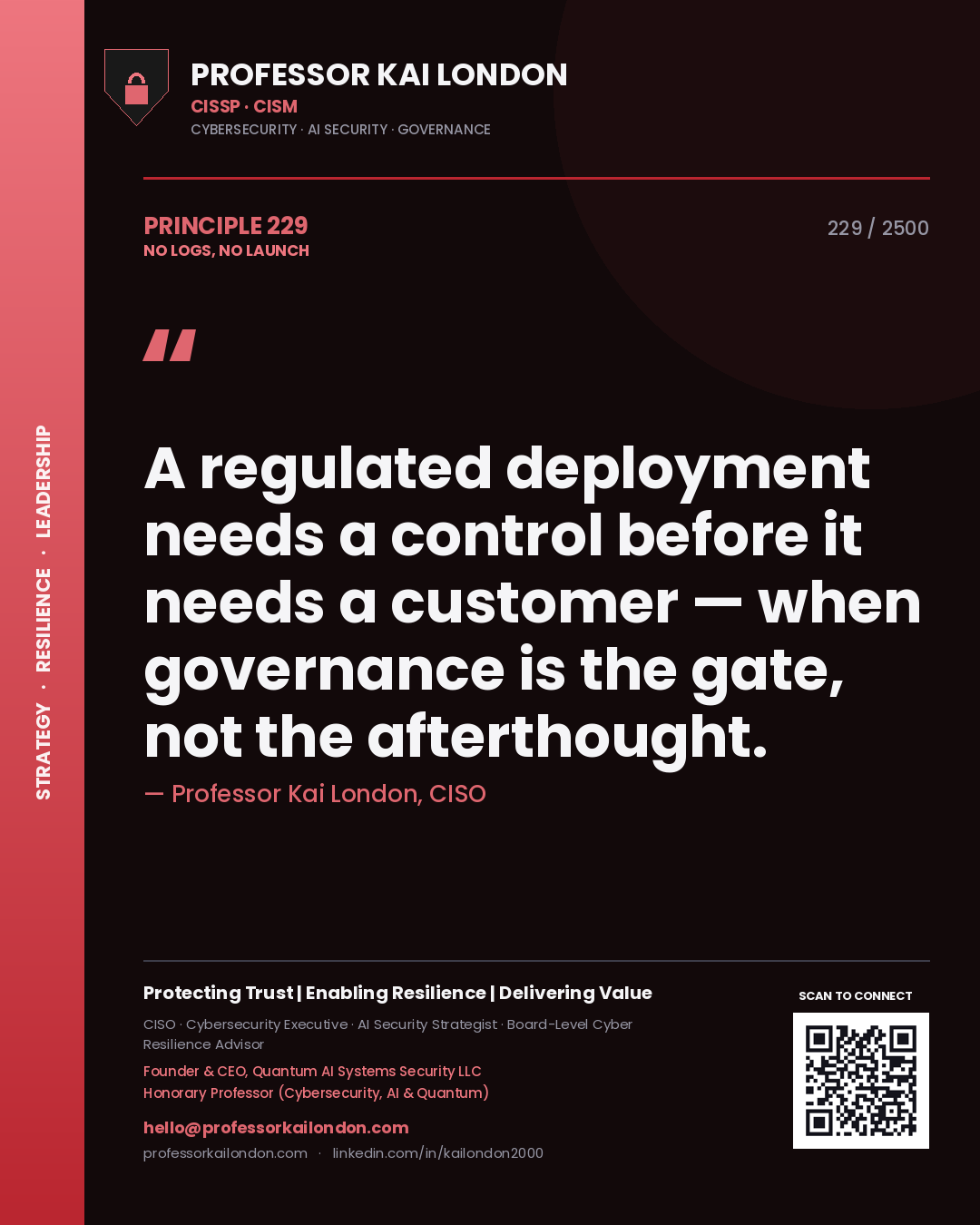 Quote card by Professor Kai London reading 'A regulated deployment needs a control before it needs a customer — when governance is the gate, not the afterthought.'. From the book No Logs, No Launch.