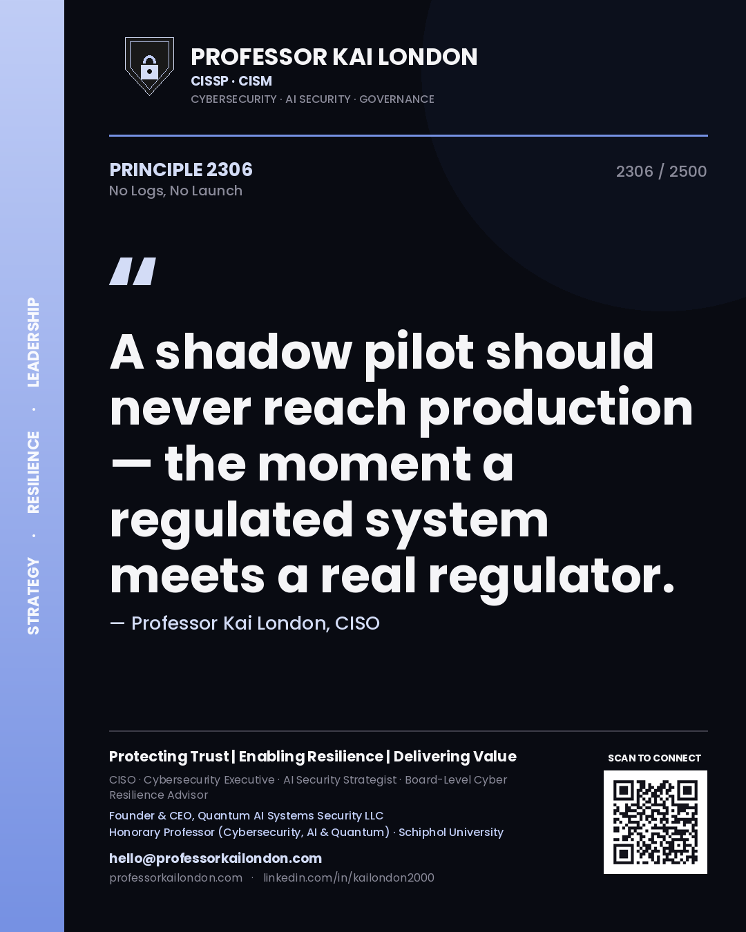 Professor Kai London principle 2306: A shadow pilot should never reach production — the moment a regulated system meets a real regulator.