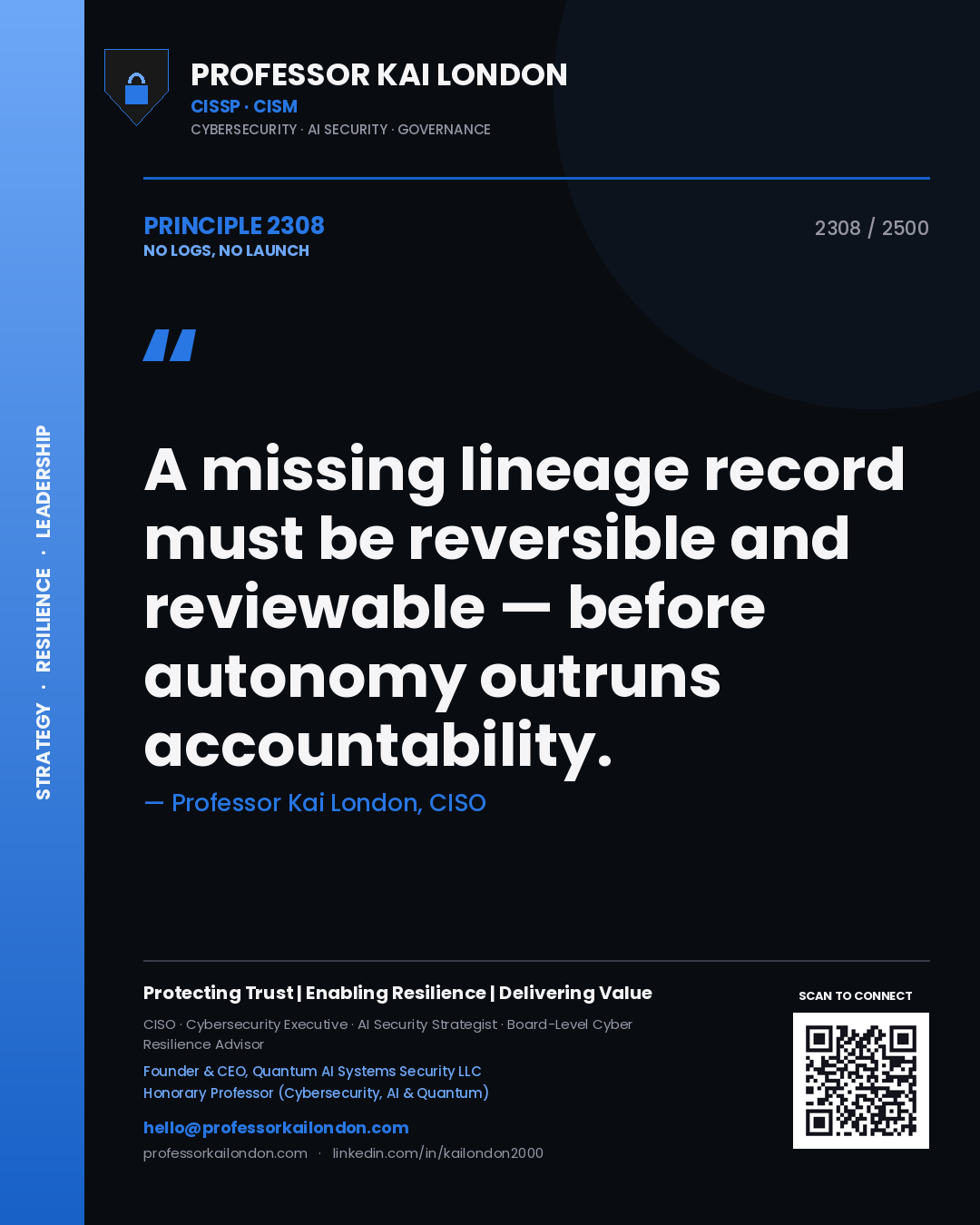 Quote card by Professor Kai London reading 'A missing lineage record must be reversible and reviewable — before autonomy outruns accountability.'. From the book No Logs, No Launch.