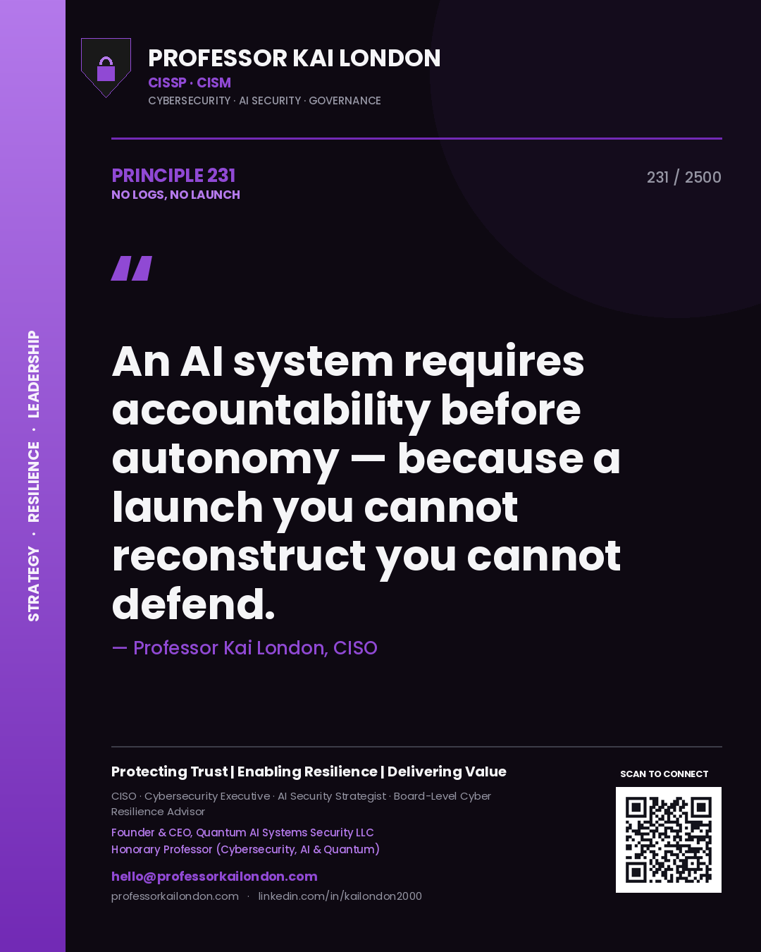 Quote card by Professor Kai London reading 'An AI system requires accountability before autonomy — because a launch you cannot reconstruct you cannot defend.'. From the book No Logs, No Launch.