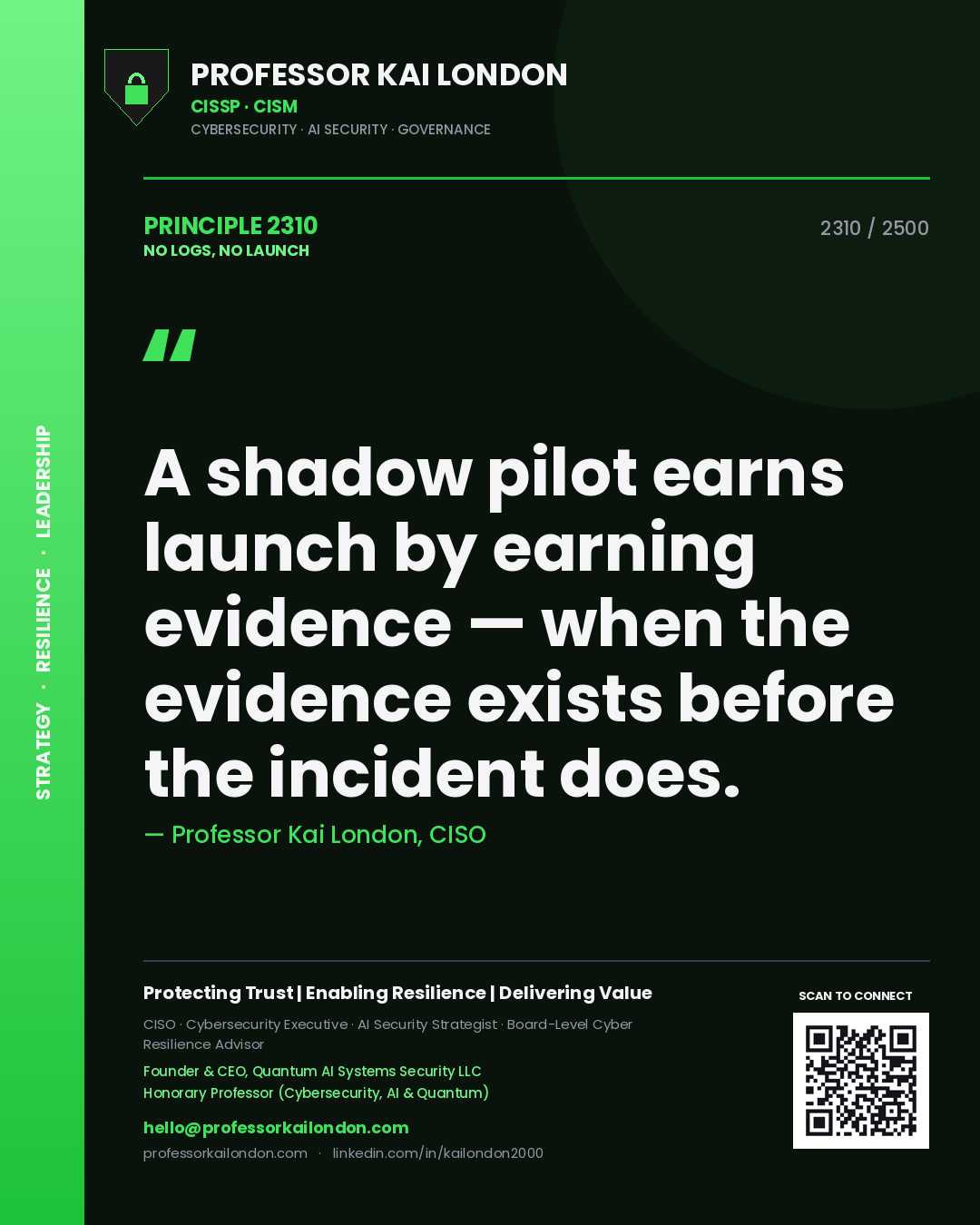 Quote card by Professor Kai London reading 'A shadow pilot earns launch by earning evidence — when the evidence exists before the incident does.'. From the book No Logs, No Launch.