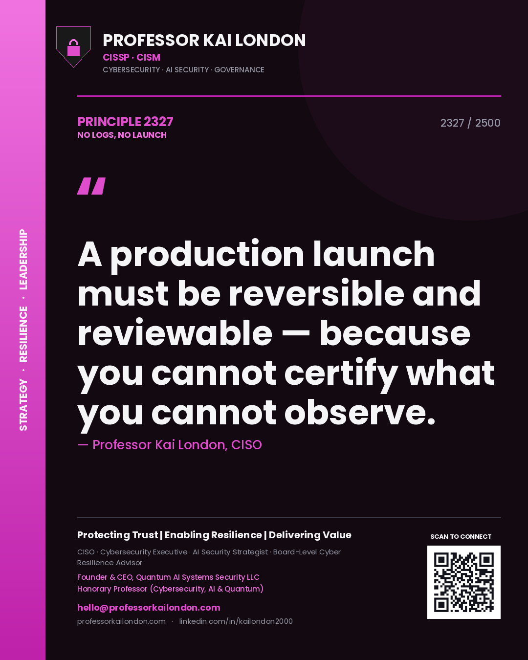 Quote card by Professor Kai London reading 'A production launch must be reversible and reviewable — because you cannot certify what you cannot observe.'. From the book No Logs, No Launch.
