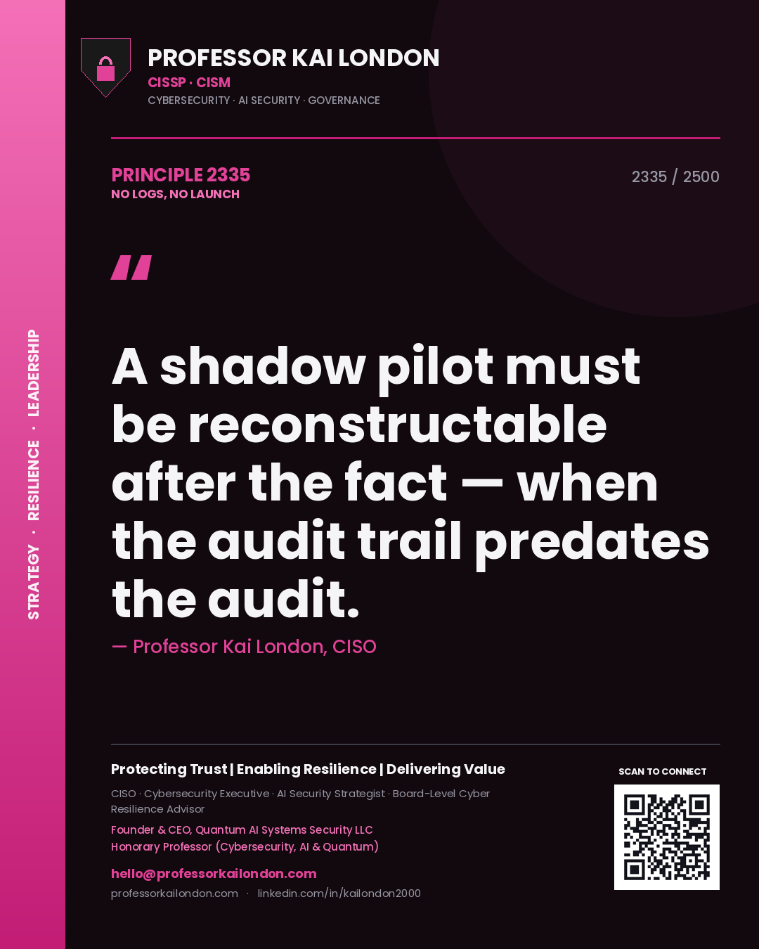 Quote card by Professor Kai London reading 'A shadow pilot must be reconstructable after the fact — when the audit trail predates the audit.'. From the book No Logs, No Launch.