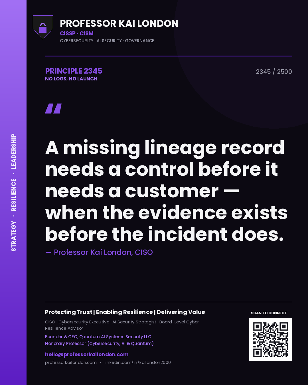 Quote card by Professor Kai London reading 'A missing lineage record needs a control before it needs a customer — when the evidence exists before the incident does.'. From the book No Logs, No Launch.