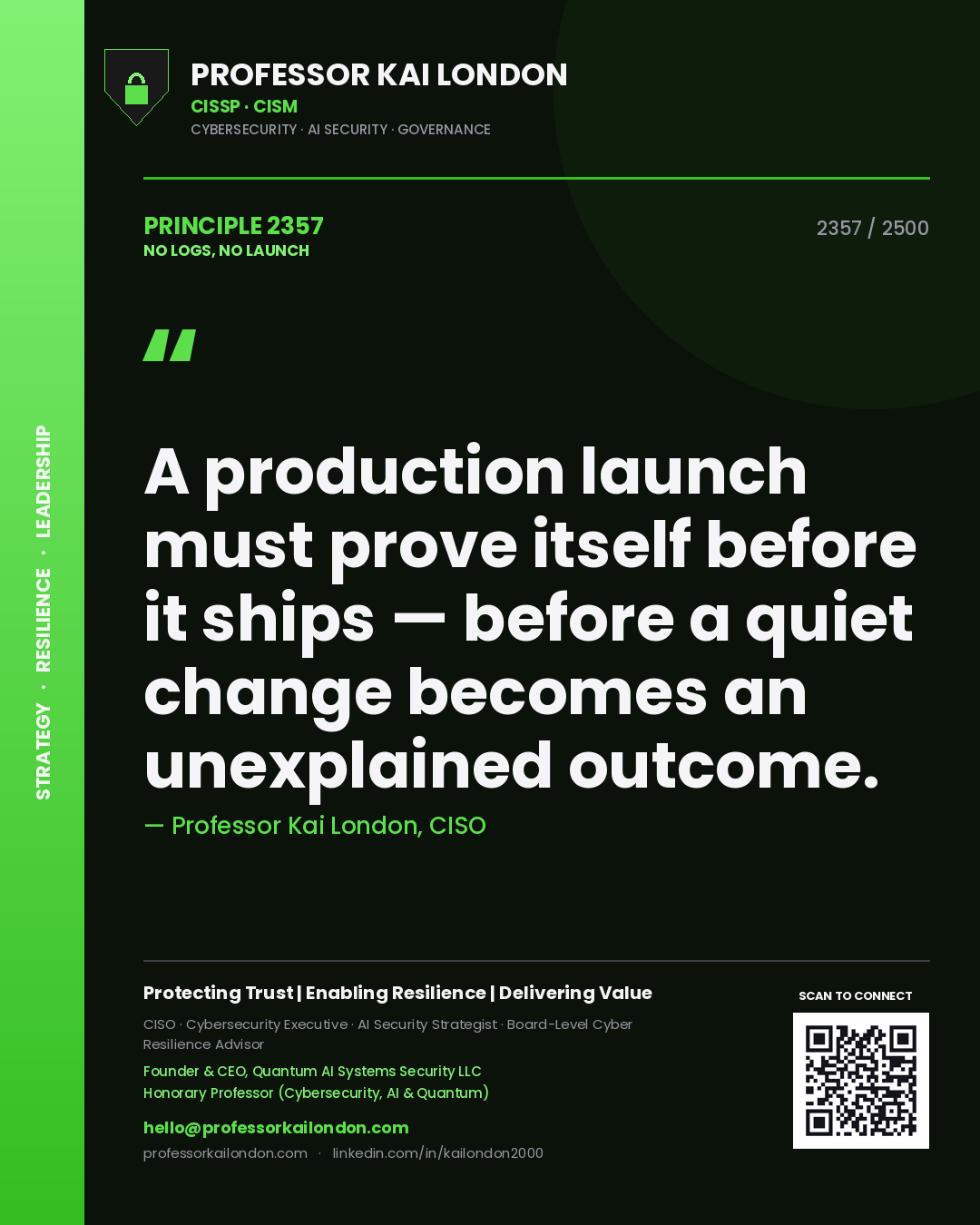 Professor Kai London principle 2357: A production launch must prove itself before it ships — before a quiet change becomes an unexplained outcome.