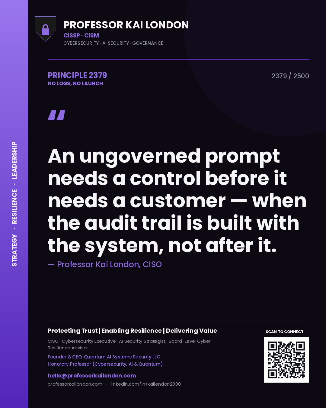 Professor Kai London principle 2379: An ungoverned prompt needs a control before it needs a customer — when the audit trail is built with the system, not after it.