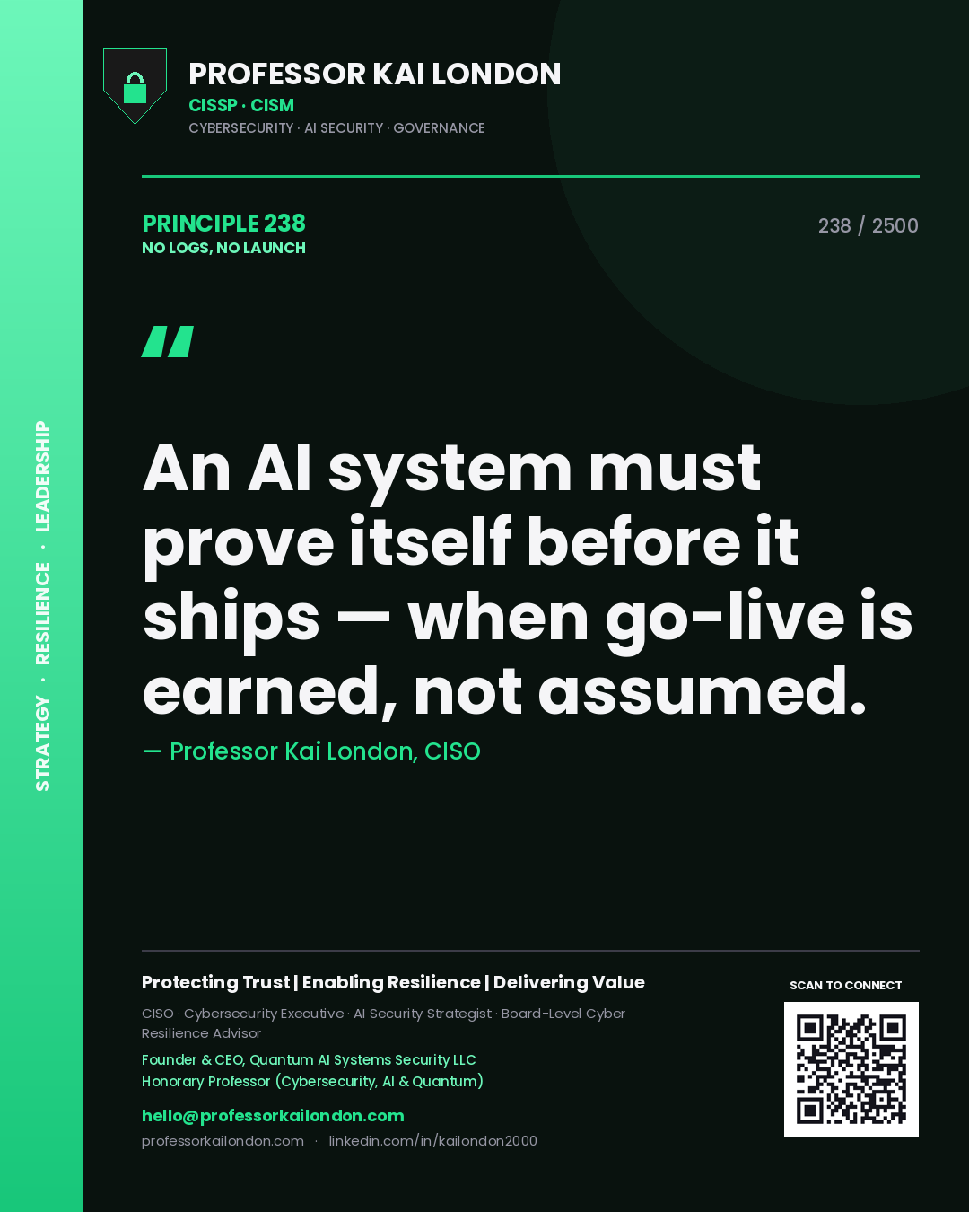 Quote card by Professor Kai London reading 'An AI system must prove itself before it ships — when go-live is earned, not assumed.'. From the book No Logs, No Launch.