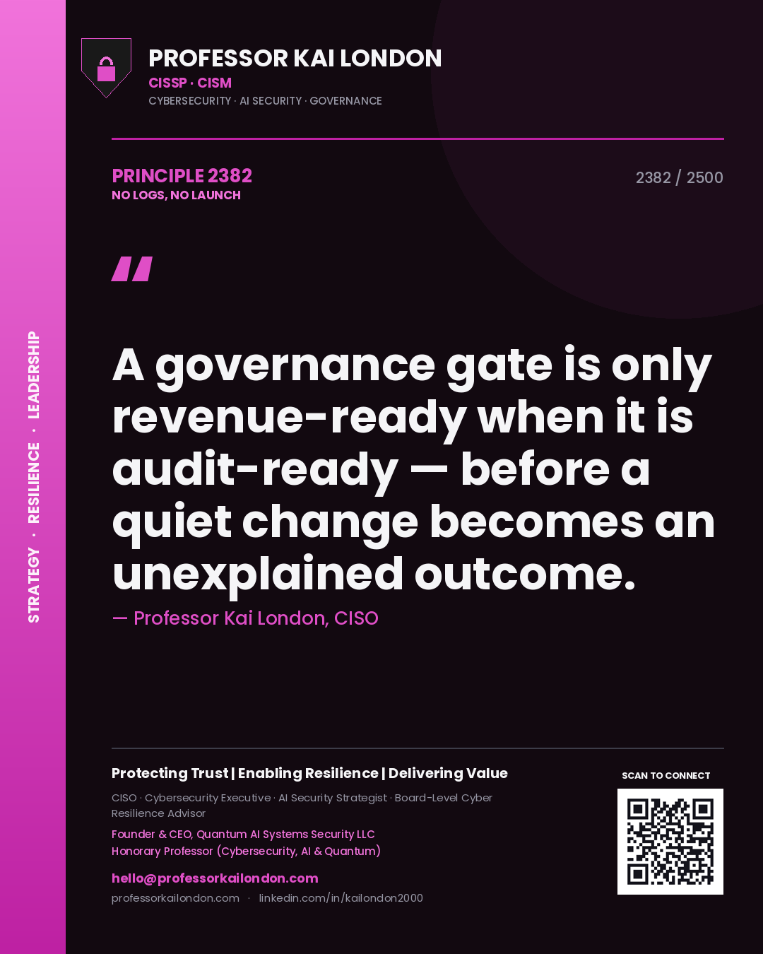 Quote card by Professor Kai London reading 'A governance gate is only revenue-ready when it is audit-ready — before a quiet change becomes an unexplained outcome.'. From the book No Logs, No Launch.