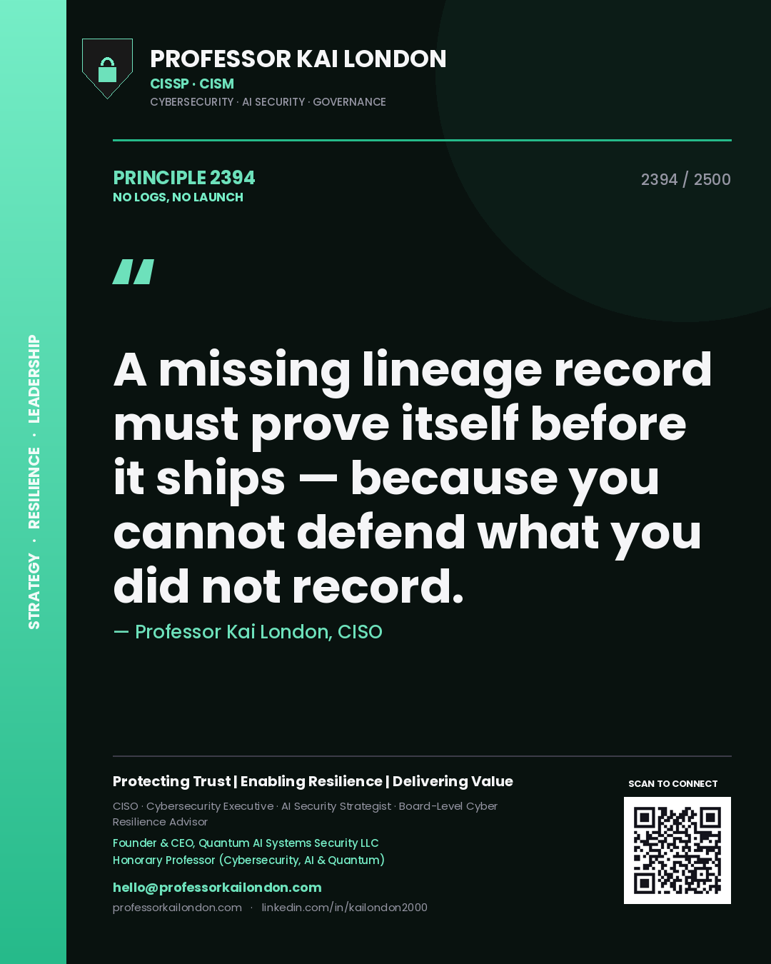 Quote card by Professor Kai London reading 'A missing lineage record must prove itself before it ships — because you cannot defend what you did not record.'. From the book No Logs, No Launch.