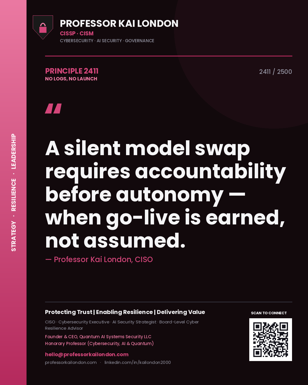 Quote card by Professor Kai London reading 'A silent model swap requires accountability before autonomy — when go-live is earned, not assumed.'. From the book No Logs, No Launch.
