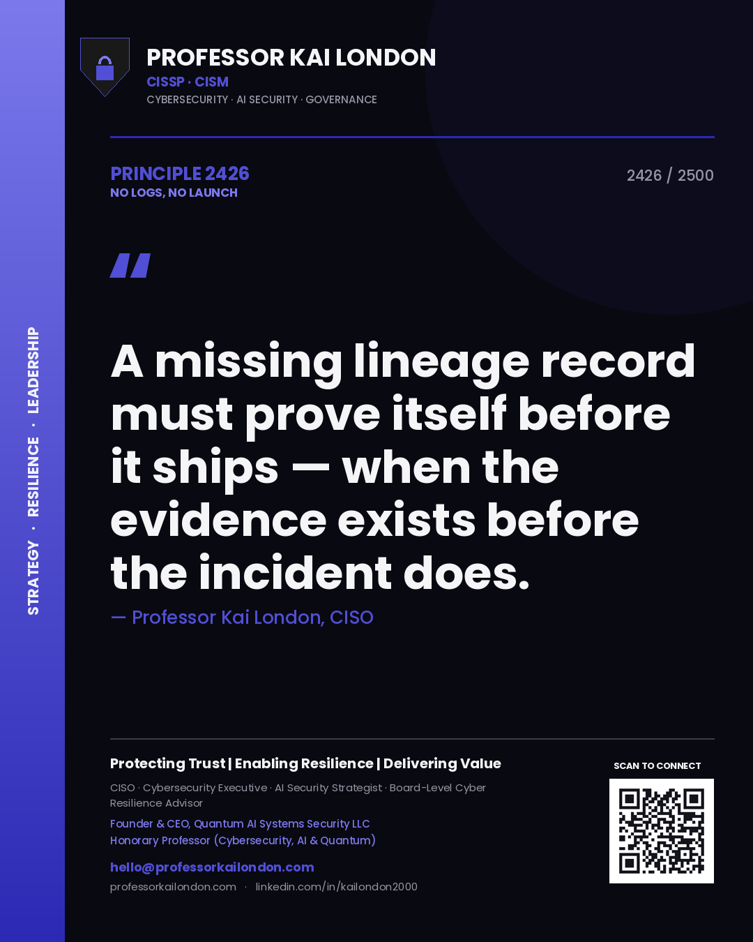 Quote card by Professor Kai London reading 'A missing lineage record must prove itself before it ships — when the evidence exists before the incident does.'. From the book No Logs, No Launch.