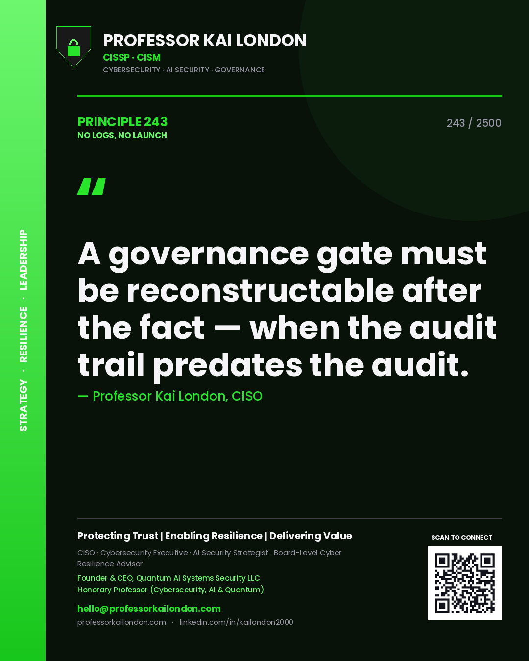 Quote card by Professor Kai London reading 'A governance gate must be reconstructable after the fact — when the audit trail predates the audit.'. From the book No Logs, No Launch.
