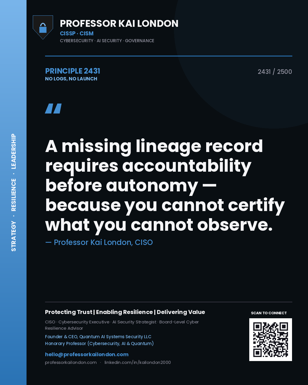 Professor Kai London principle 2431: A missing lineage record requires accountability before autonomy — because you cannot certify what you cannot observe.