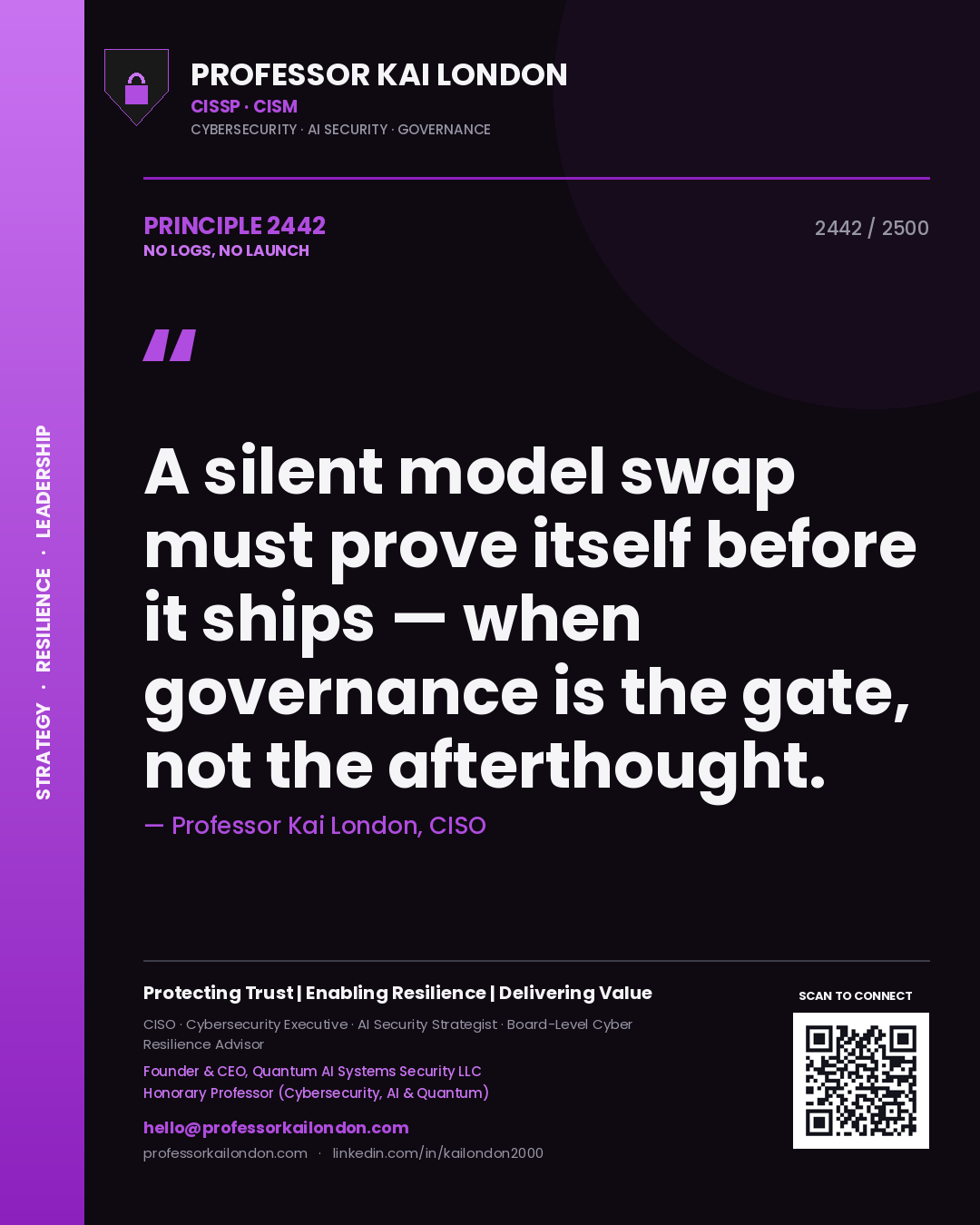 Professor Kai London principle 2442: A silent model swap must prove itself before it ships — when governance is the gate, not the afterthought.