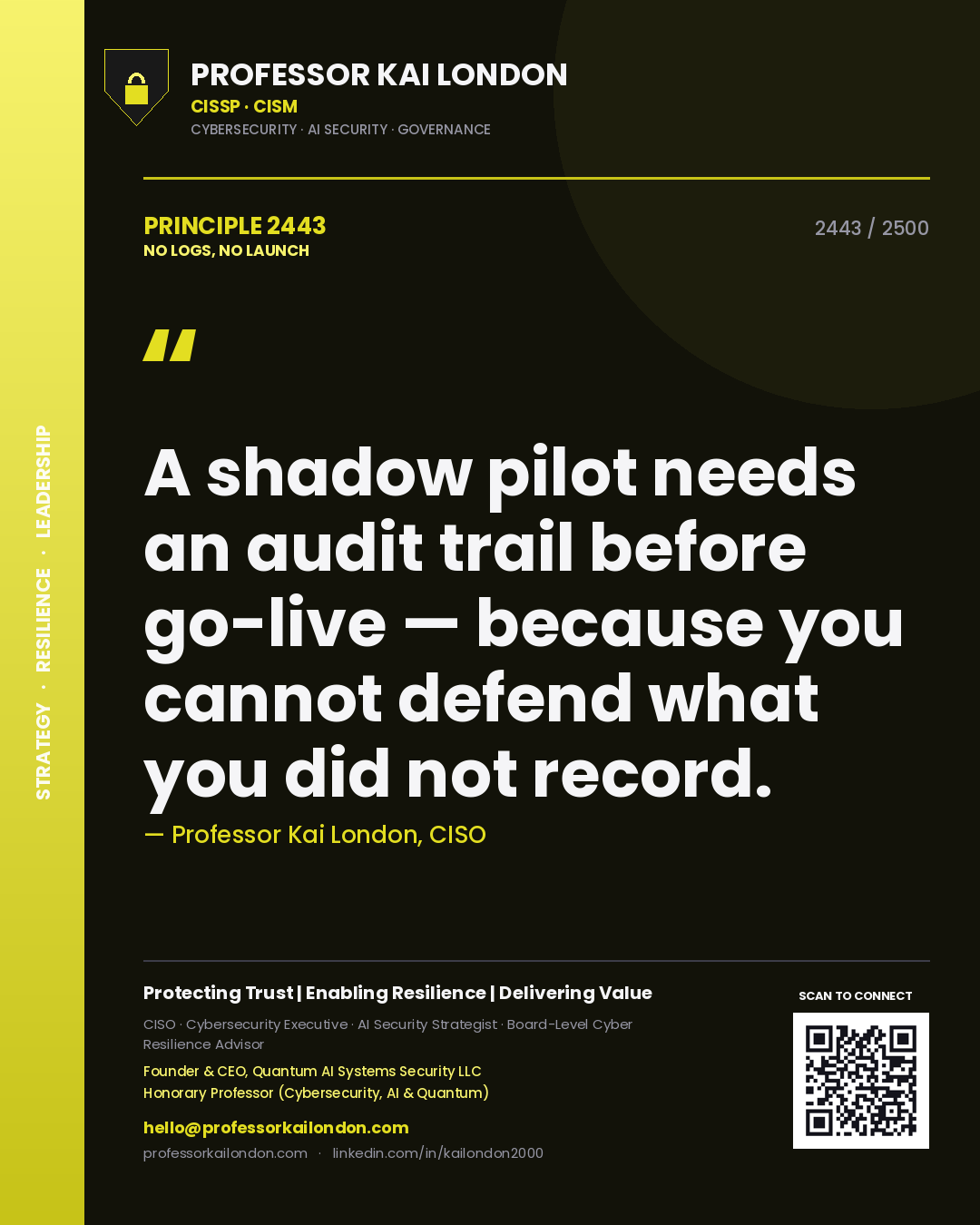 Quote card by Professor Kai London reading 'A shadow pilot needs an audit trail before go-live — because you cannot defend what you did not record.'. From the book No Logs, No Launch.