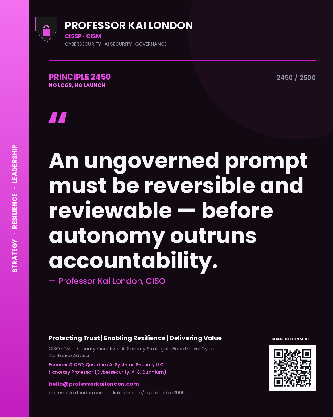 Quote card by Professor Kai London reading 'An ungoverned prompt must be reversible and reviewable — before autonomy outruns accountability.'. From the book No Logs, No Launch.