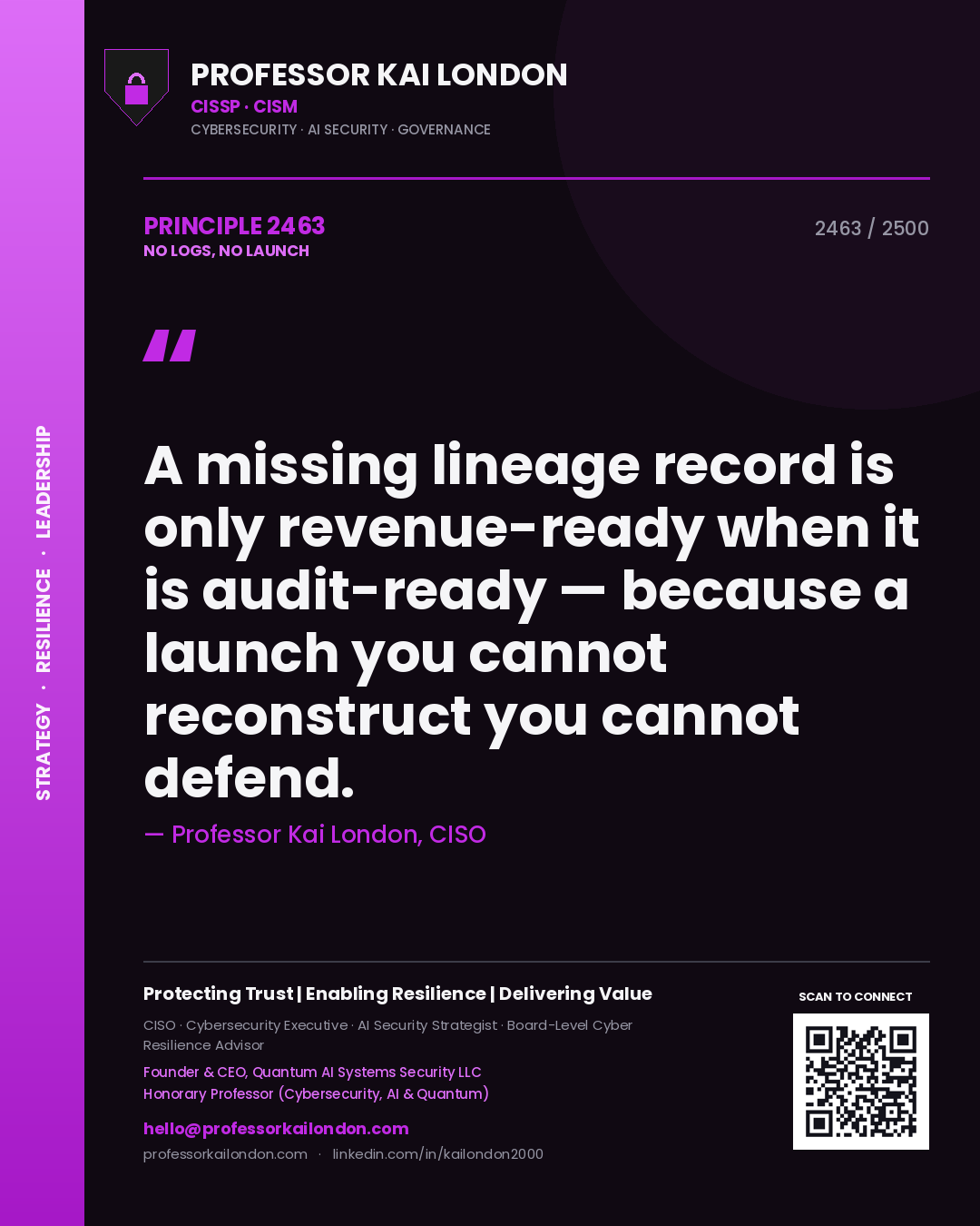 Quote card by Professor Kai London reading 'A missing lineage record is only revenue-ready when it is audit-ready — because a launch you cannot reconstruct you cannot defend.'. From the book No Logs, No Launch.