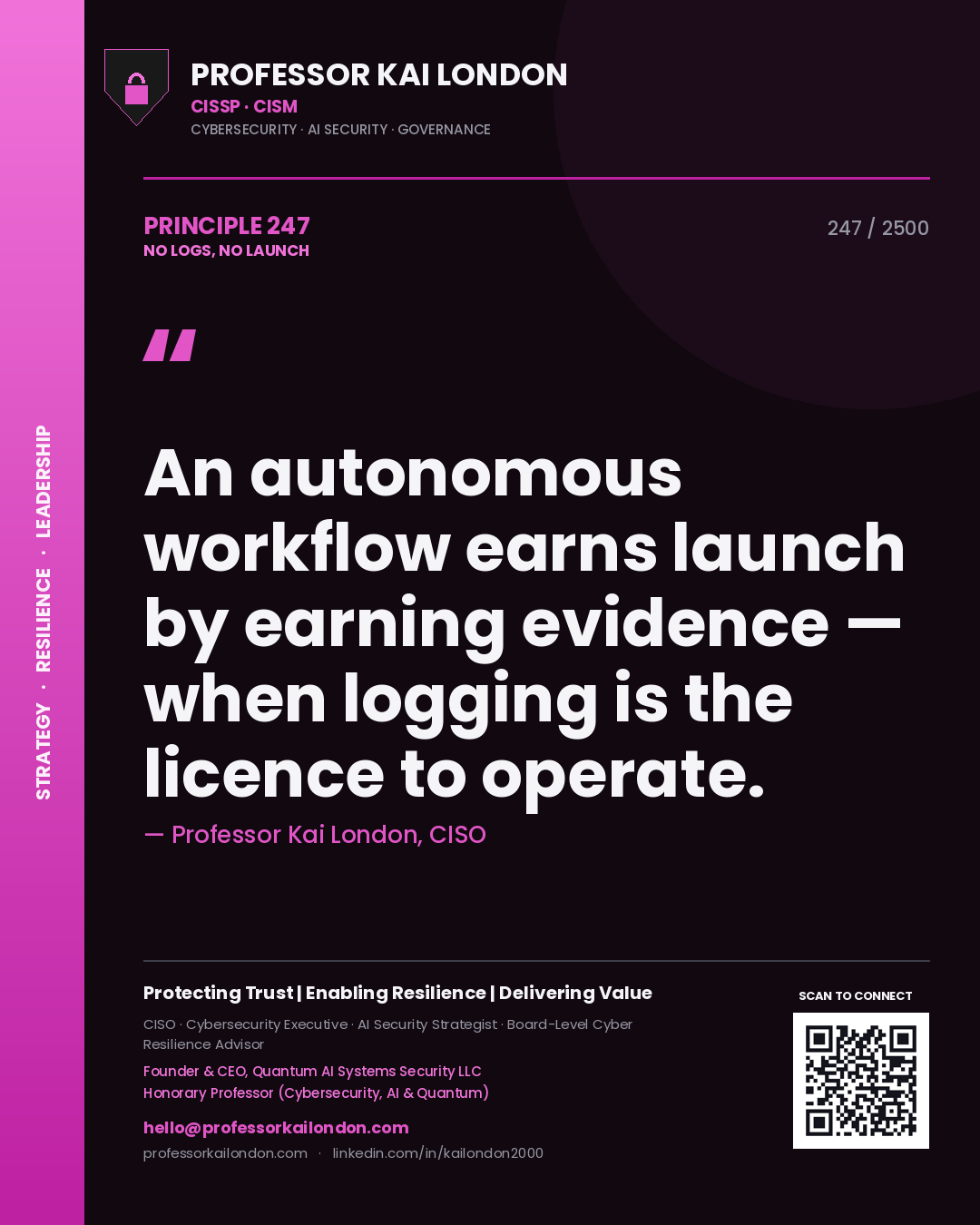 Quote card by Professor Kai London reading 'An autonomous workflow earns launch by earning evidence — when logging is the licence to operate.'. From the book No Logs, No Launch.