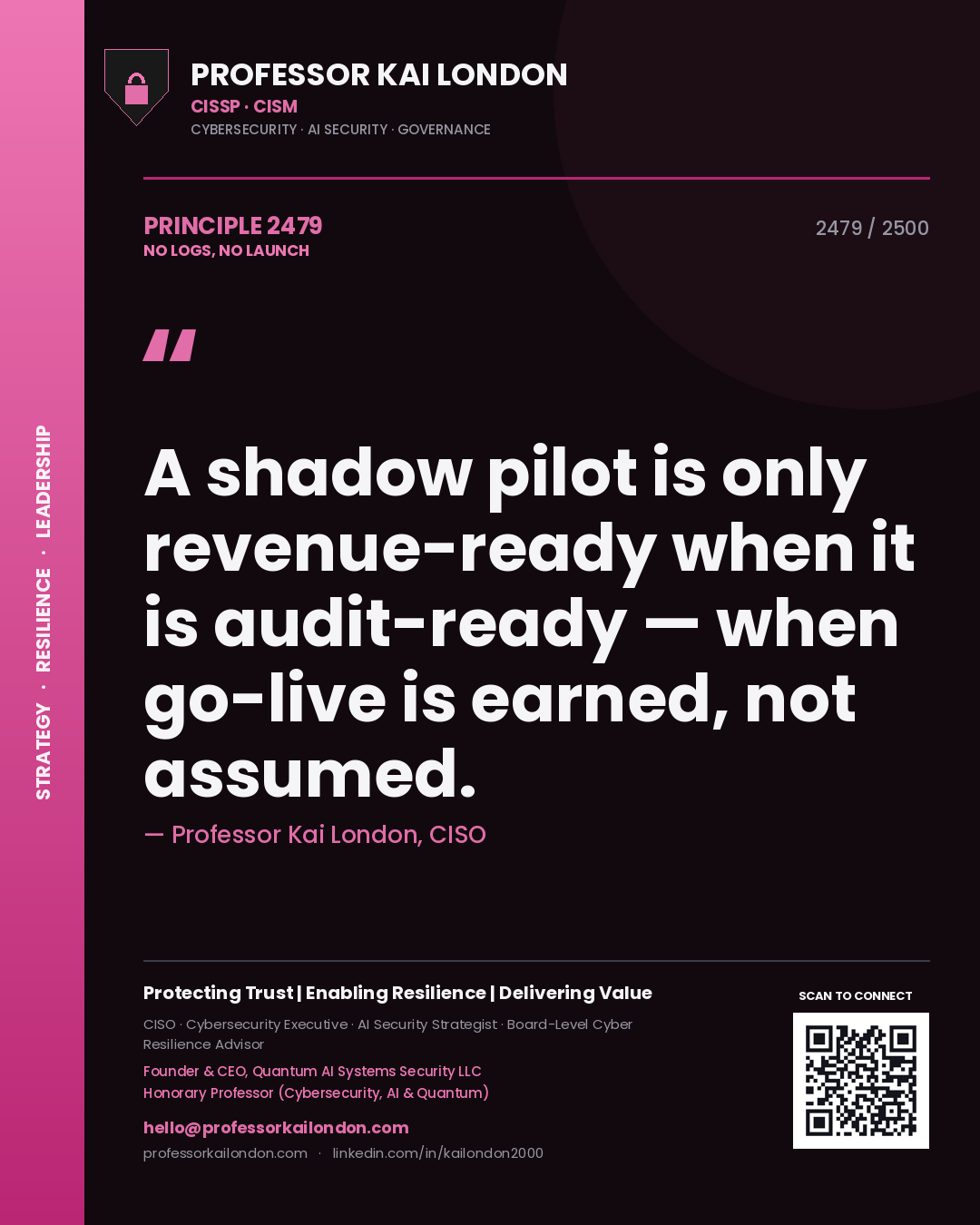 Professor Kai London principle 2479: A shadow pilot is only revenue-ready when it is audit-ready — when go-live is earned, not assumed.