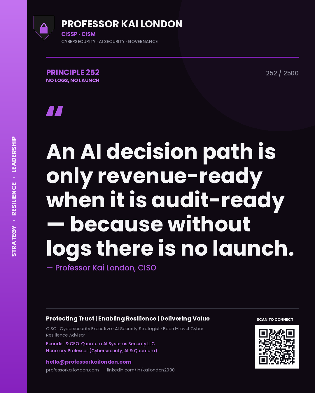 Quote card by Professor Kai London reading 'An AI decision path is only revenue-ready when it is audit-ready — because without logs there is no launch.'. From the book No Logs, No Launch.