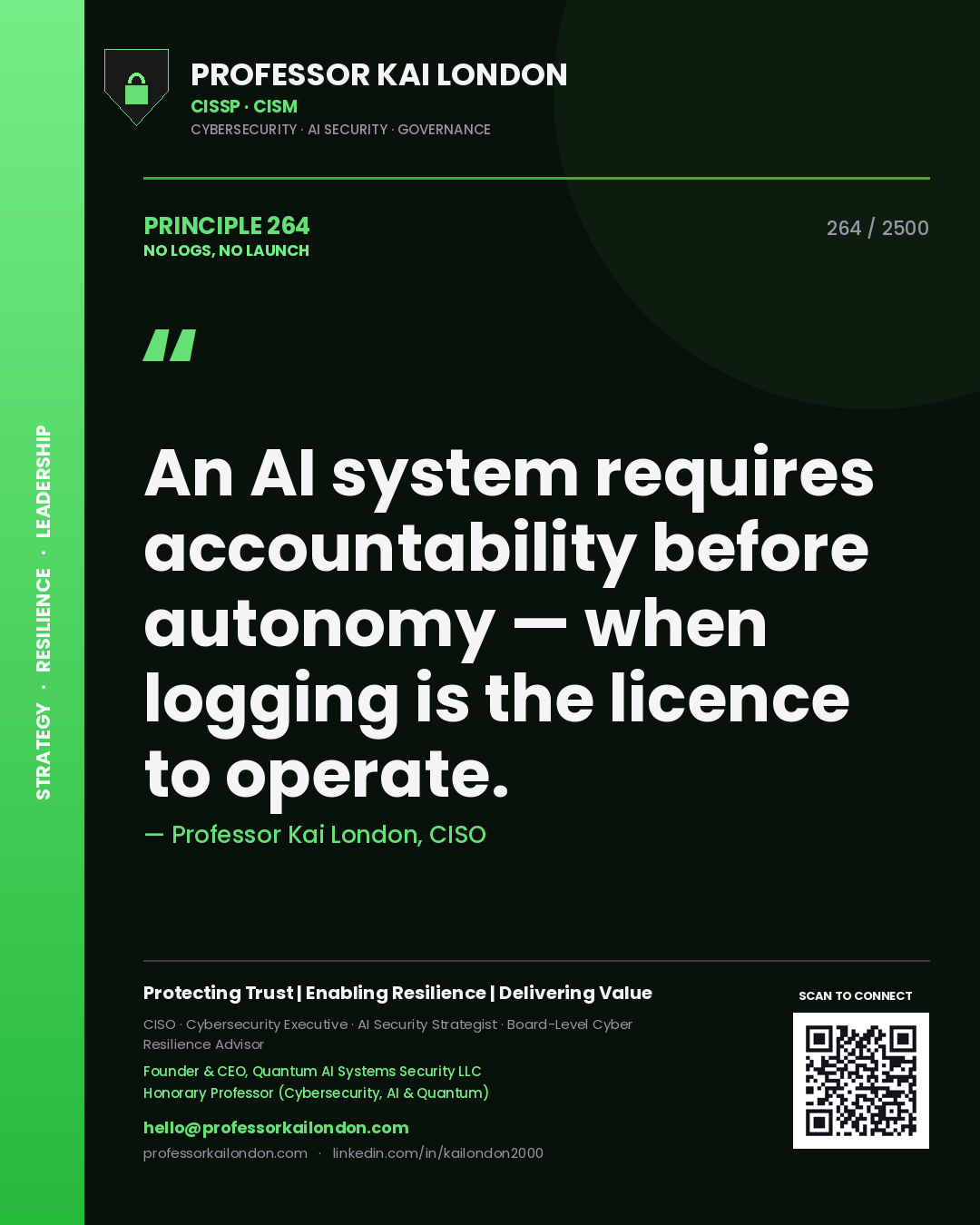 Quote card by Professor Kai London reading 'An AI system requires accountability before autonomy — when logging is the licence to operate.'. From the book No Logs, No Launch.