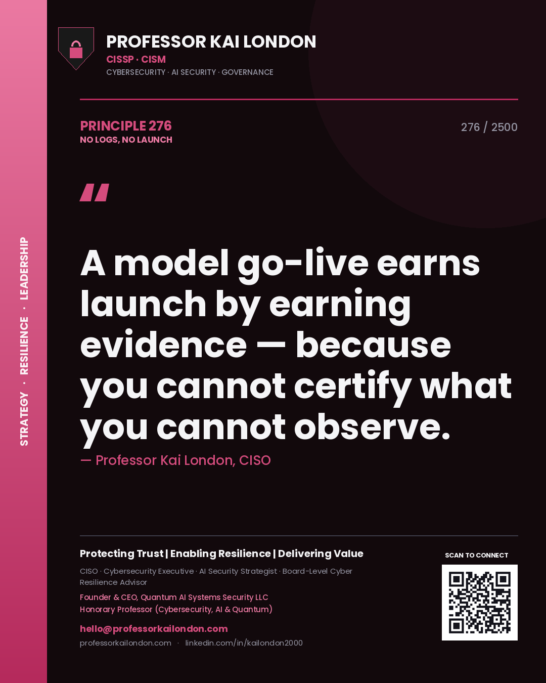 Quote card by Professor Kai London reading 'A model go-live earns launch by earning evidence — because you cannot certify what you cannot observe.'. From the book No Logs, No Launch.
