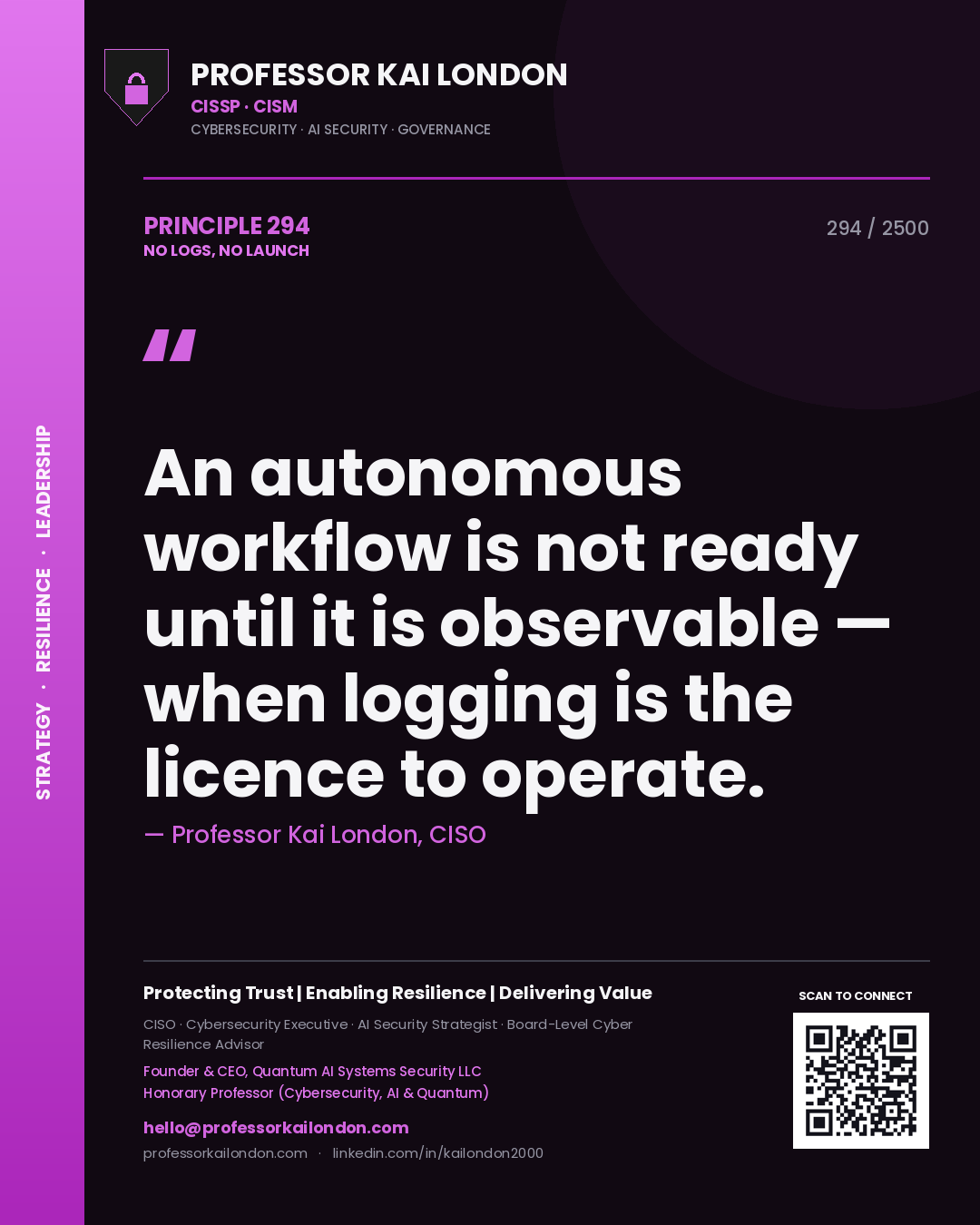 Quote card by Professor Kai London reading 'An autonomous workflow is not ready until it is observable — when logging is the licence to operate.'. From the book No Logs, No Launch.