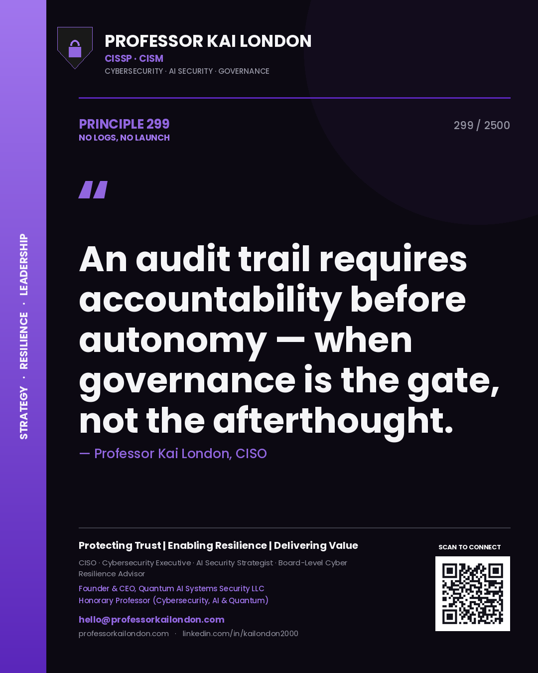 Quote card by Professor Kai London reading 'An audit trail requires accountability before autonomy — when governance is the gate, not the afterthought.'. From the book No Logs, No Launch.