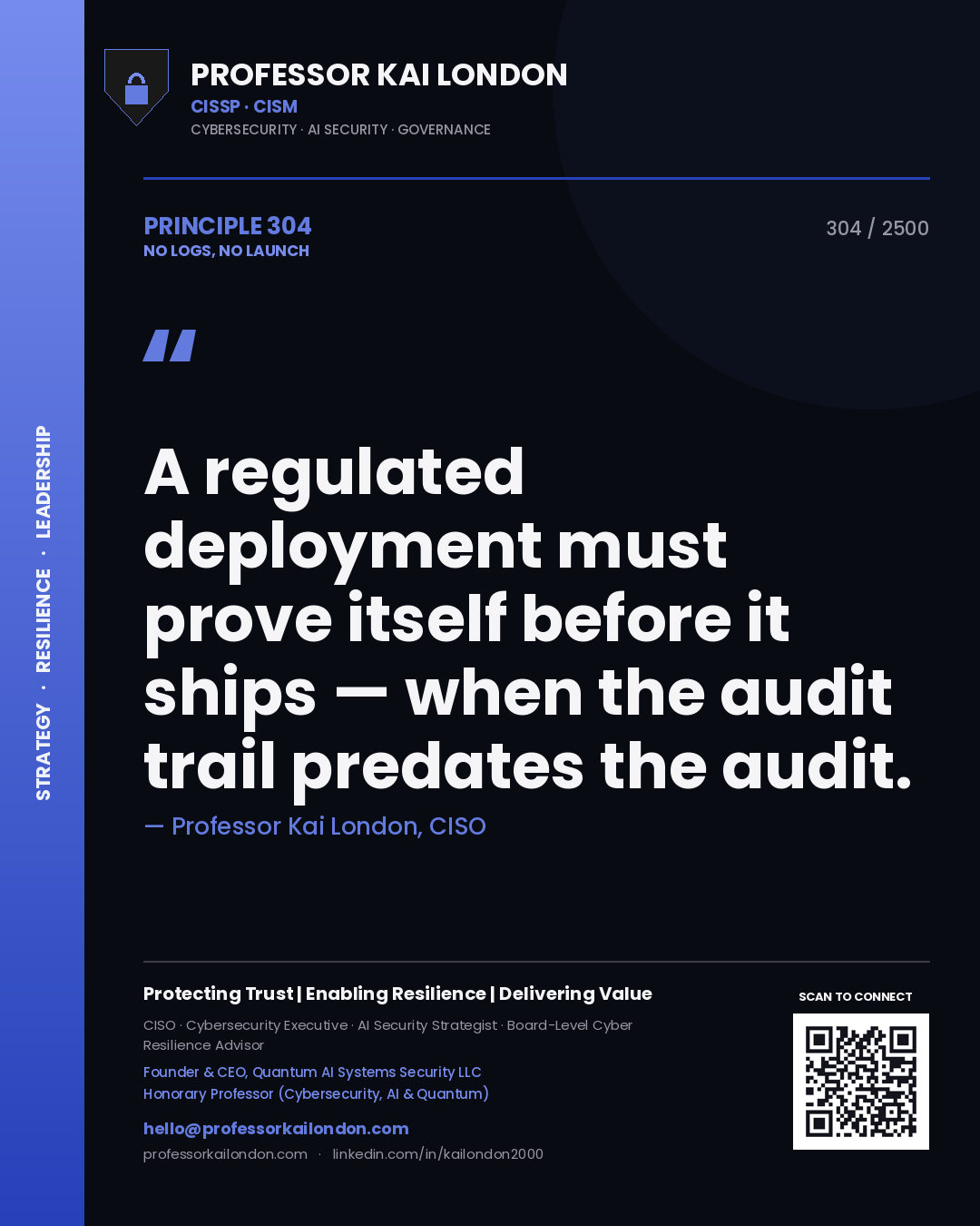 Quote card by Professor Kai London reading 'A regulated deployment must prove itself before it ships — when the audit trail predates the audit.'. From the book No Logs, No Launch.