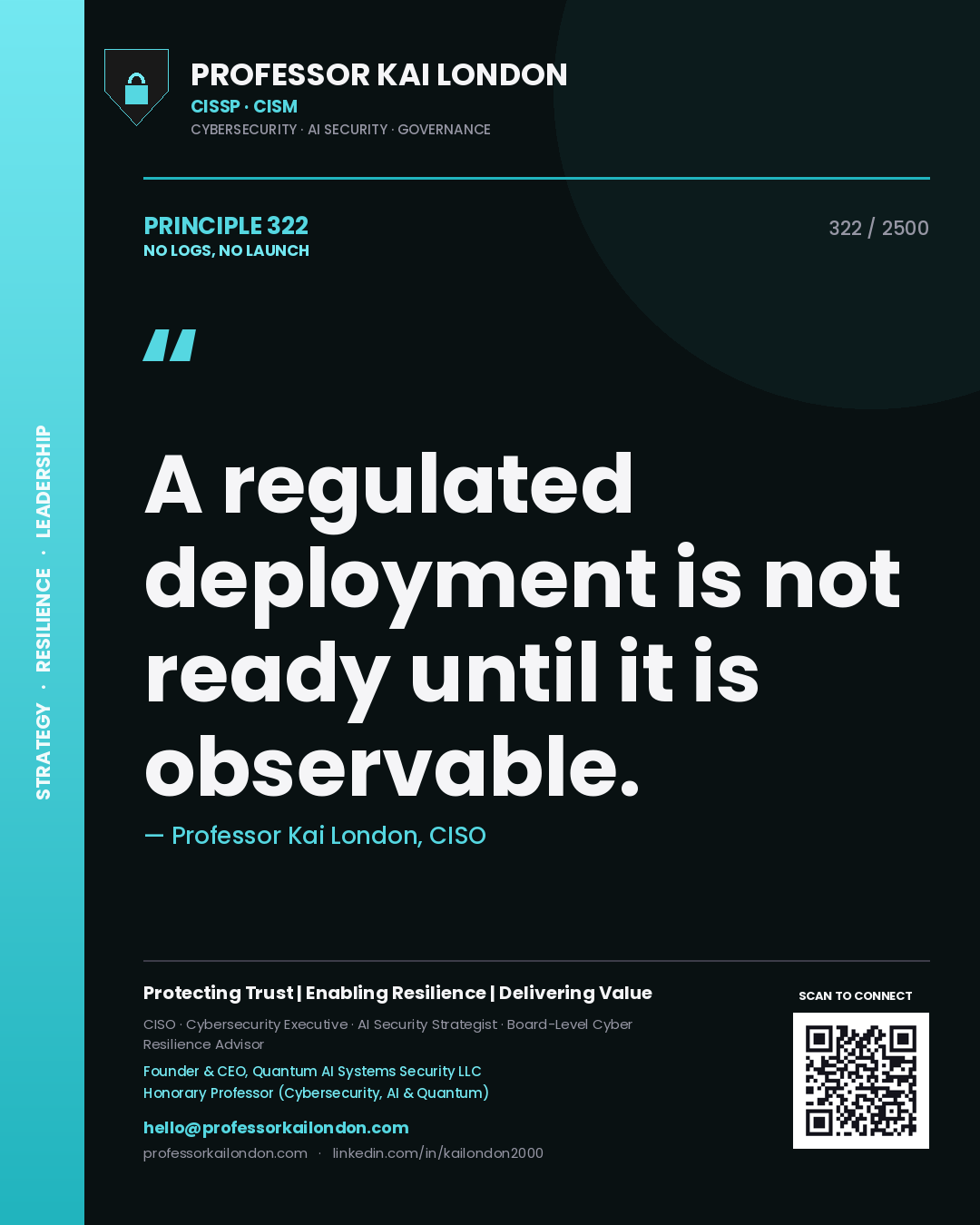 Quote card by Professor Kai London reading 'A regulated deployment is not ready until it is observable.'. From the book No Logs, No Launch.
