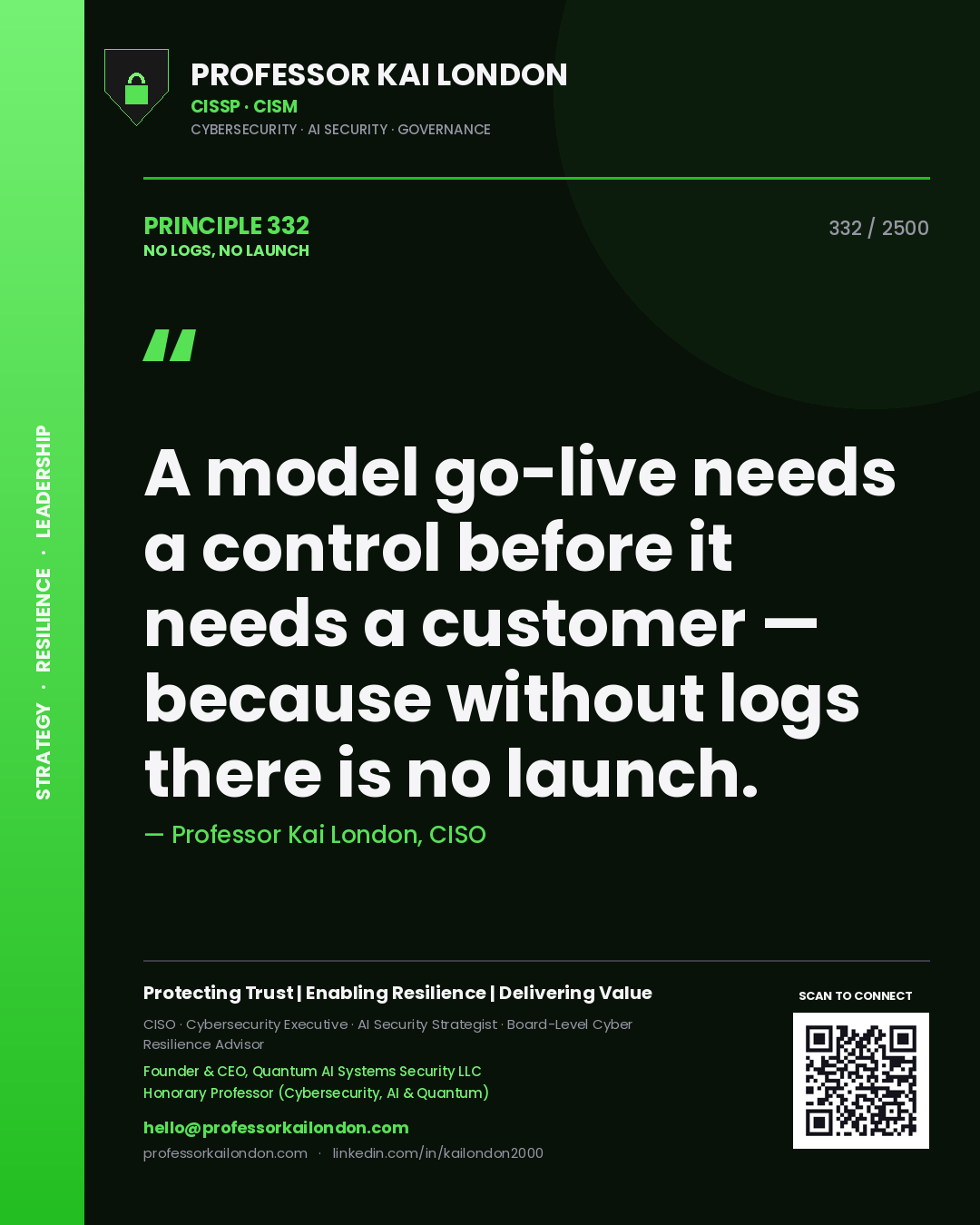 Quote card by Professor Kai London reading 'A model go-live needs a control before it needs a customer — because without logs there is no launch.'. From the book No Logs, No Launch.
