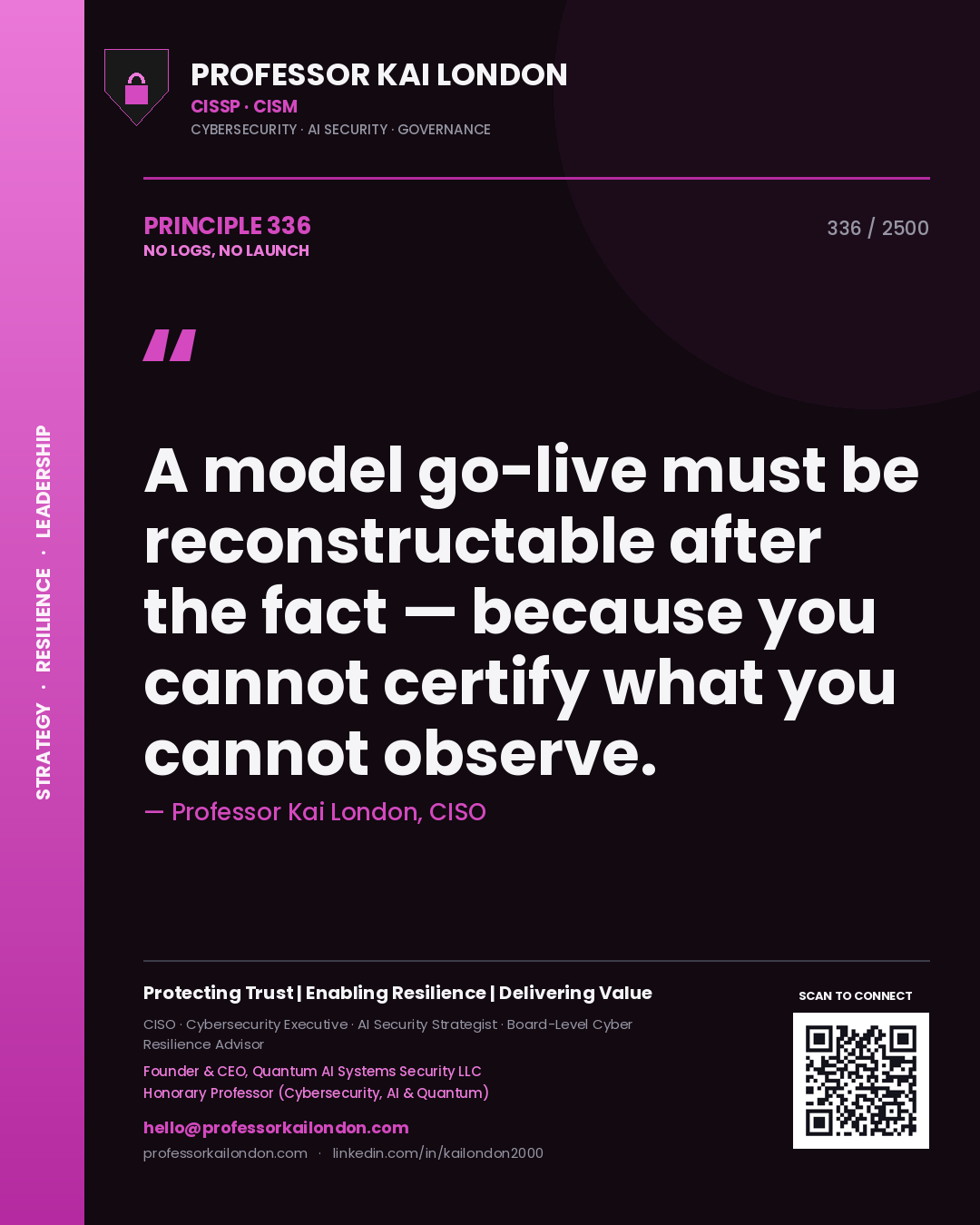 Quote card by Professor Kai London reading 'A model go-live must be reconstructable after the fact — because you cannot certify what you cannot observe.'. From the book No Logs, No Launch.