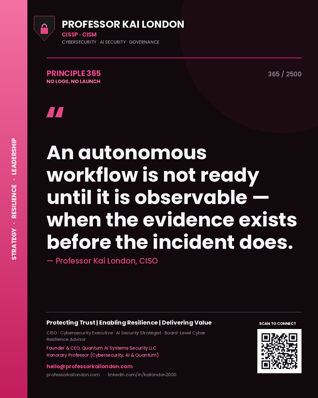 Quote card by Professor Kai London reading 'An autonomous workflow is not ready until it is observable — when the evidence exists before the incident does.'. From the book No Logs, No Launch.