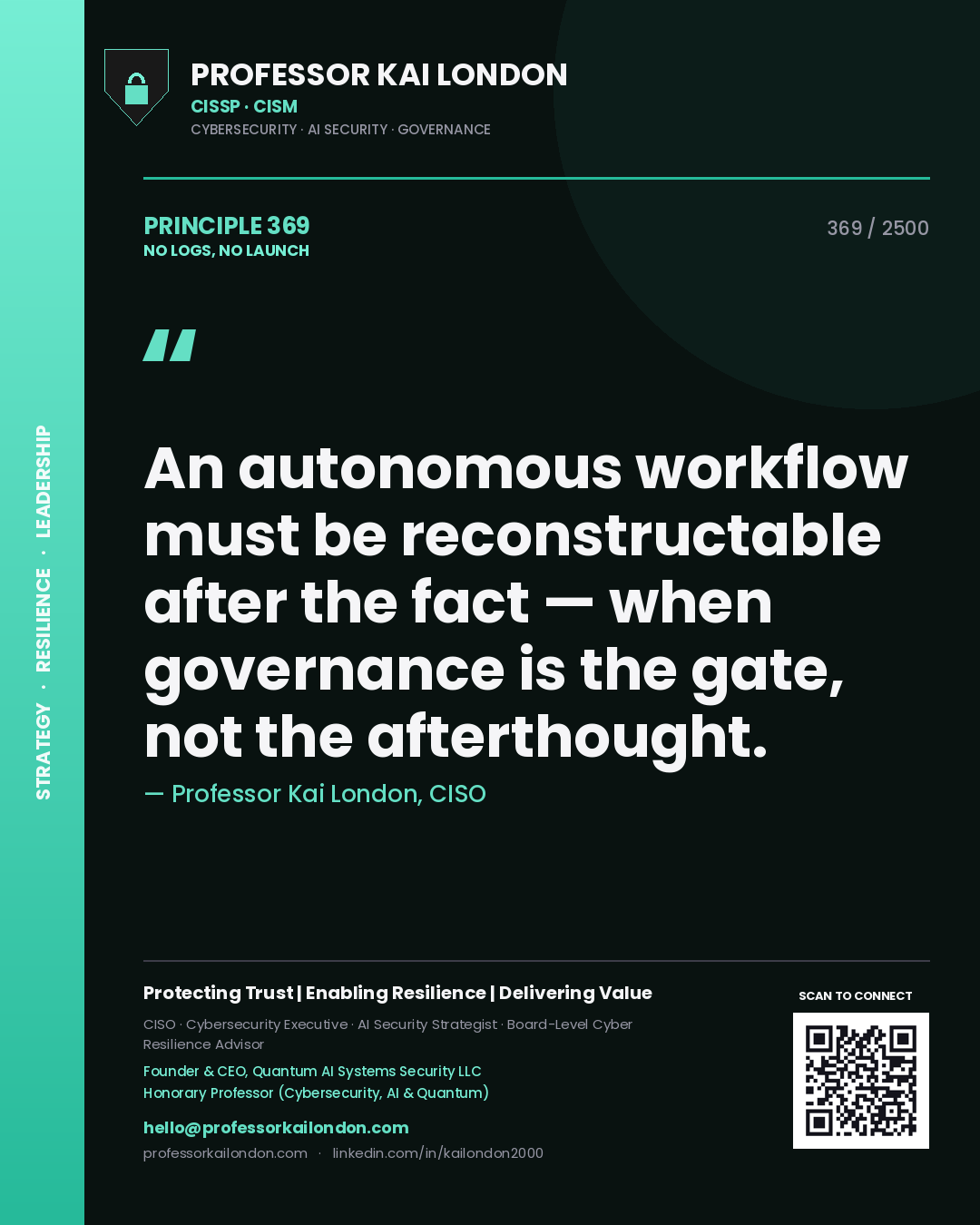 Quote card by Professor Kai London reading 'An autonomous workflow must be reconstructable after the fact — when governance is the gate, not the afterthought.'. From the book No Logs, No Launch.