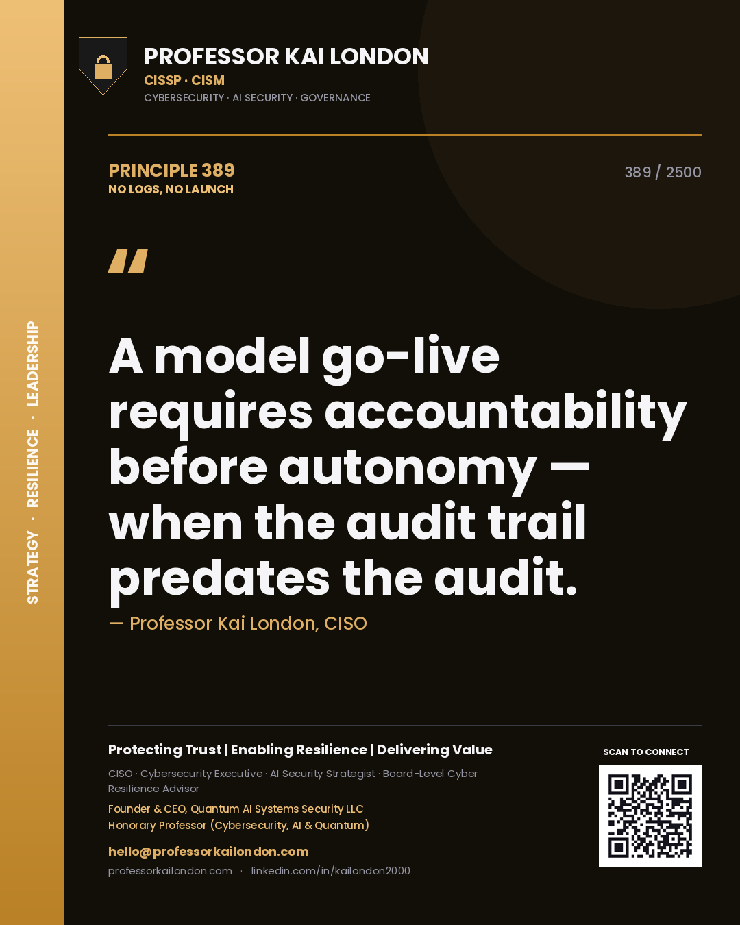 Quote card by Professor Kai London reading 'A model go-live requires accountability before autonomy — when the audit trail predates the audit.'. From the book No Logs, No Launch.