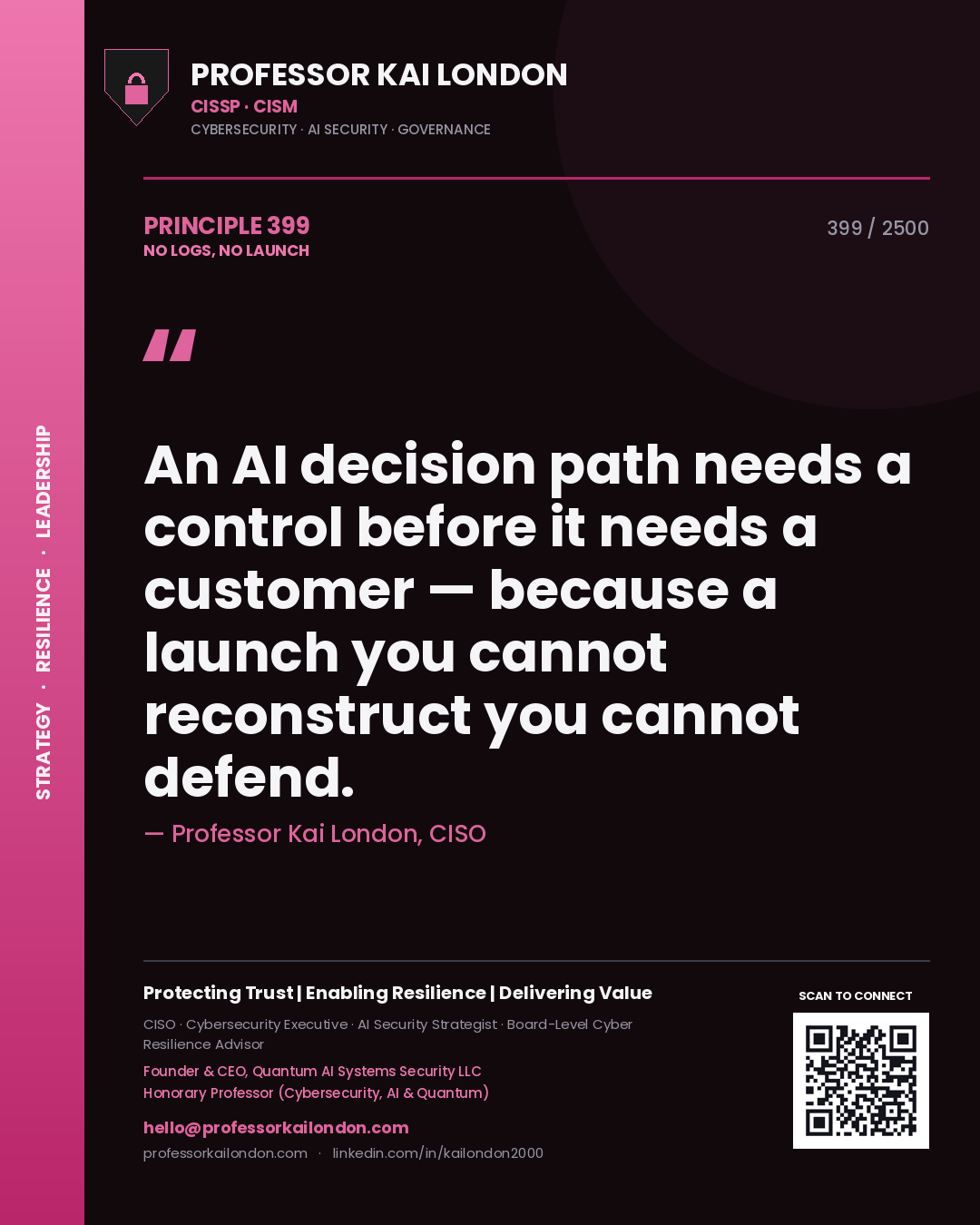 Quote card by Professor Kai London reading 'An AI decision path needs a control before it needs a customer — because a launch you cannot reconstruct you cannot defend.'. From the book No Logs, No Launch.