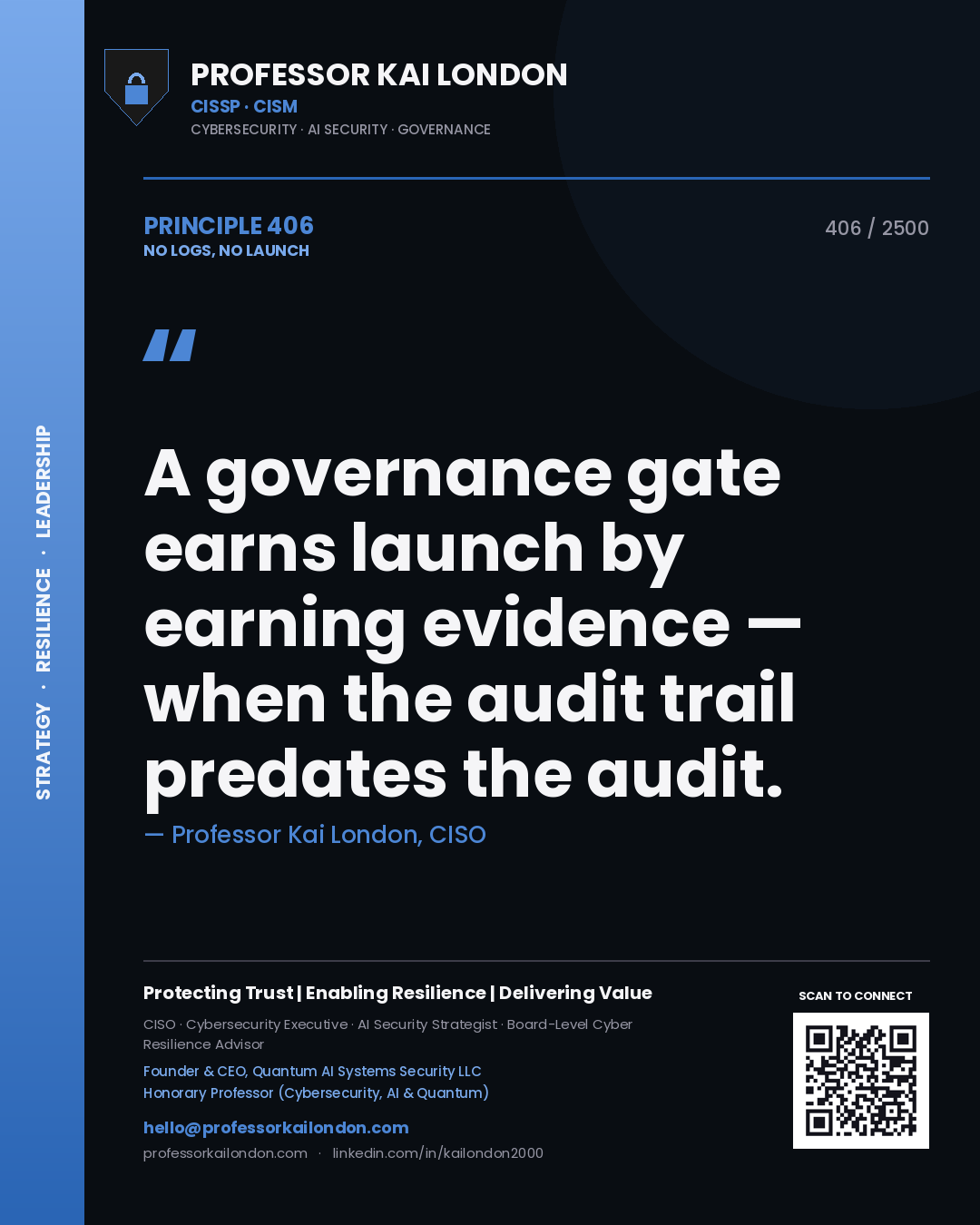 Quote card by Professor Kai London reading 'A governance gate earns launch by earning evidence — when the audit trail predates the audit.'. From the book No Logs, No Launch.