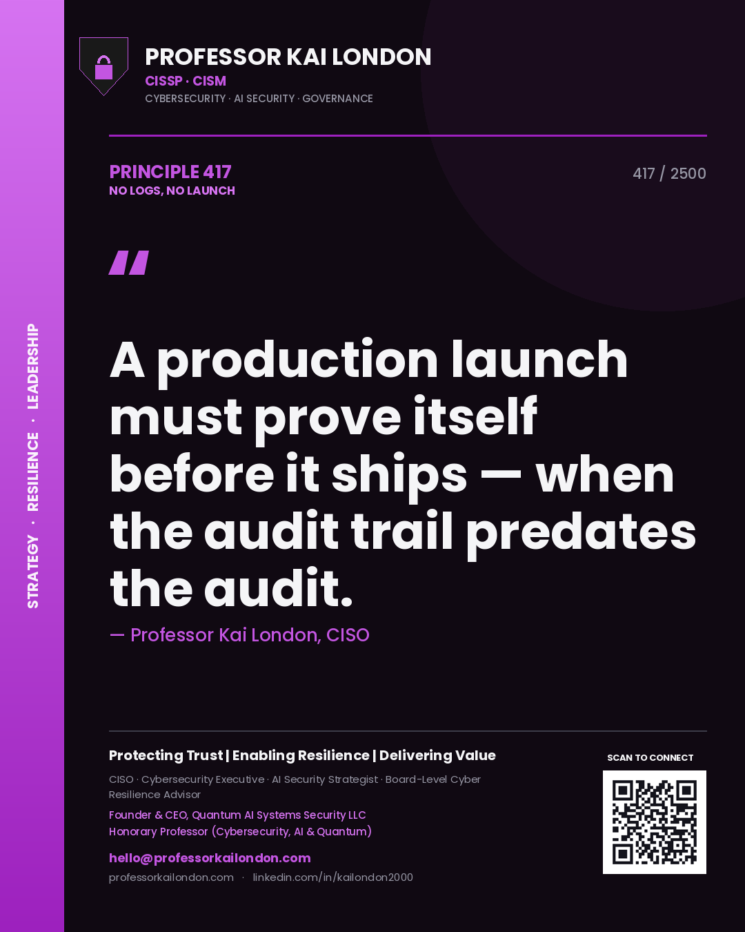 Quote card by Professor Kai London reading 'A production launch must prove itself before it ships — when the audit trail predates the audit.'. From the book No Logs, No Launch.