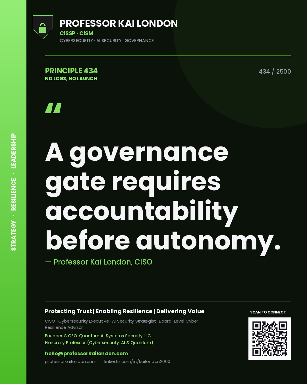 Professor Kai London principle 434: A governance gate requires accountability before autonomy.