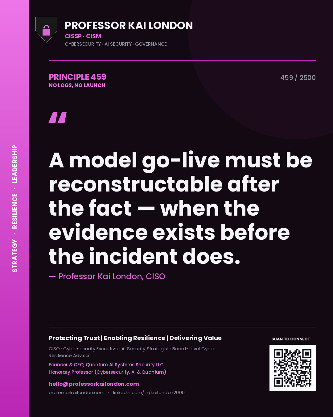 Quote card by Professor Kai London reading 'A model go-live must be reconstructable after the fact — when the evidence exists before the incident does.'. From the book No Logs, No Launch.